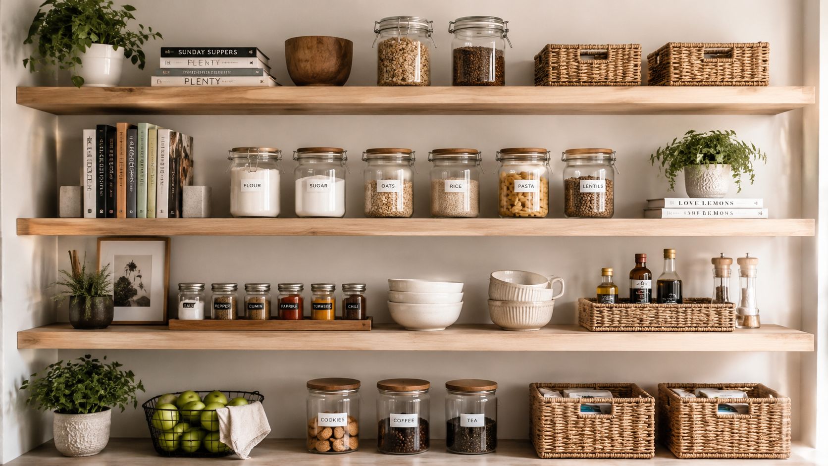 An organized wooden pantry shelf featuring labeled glass jars, stacked books, green plants, and woven wicker baskets.