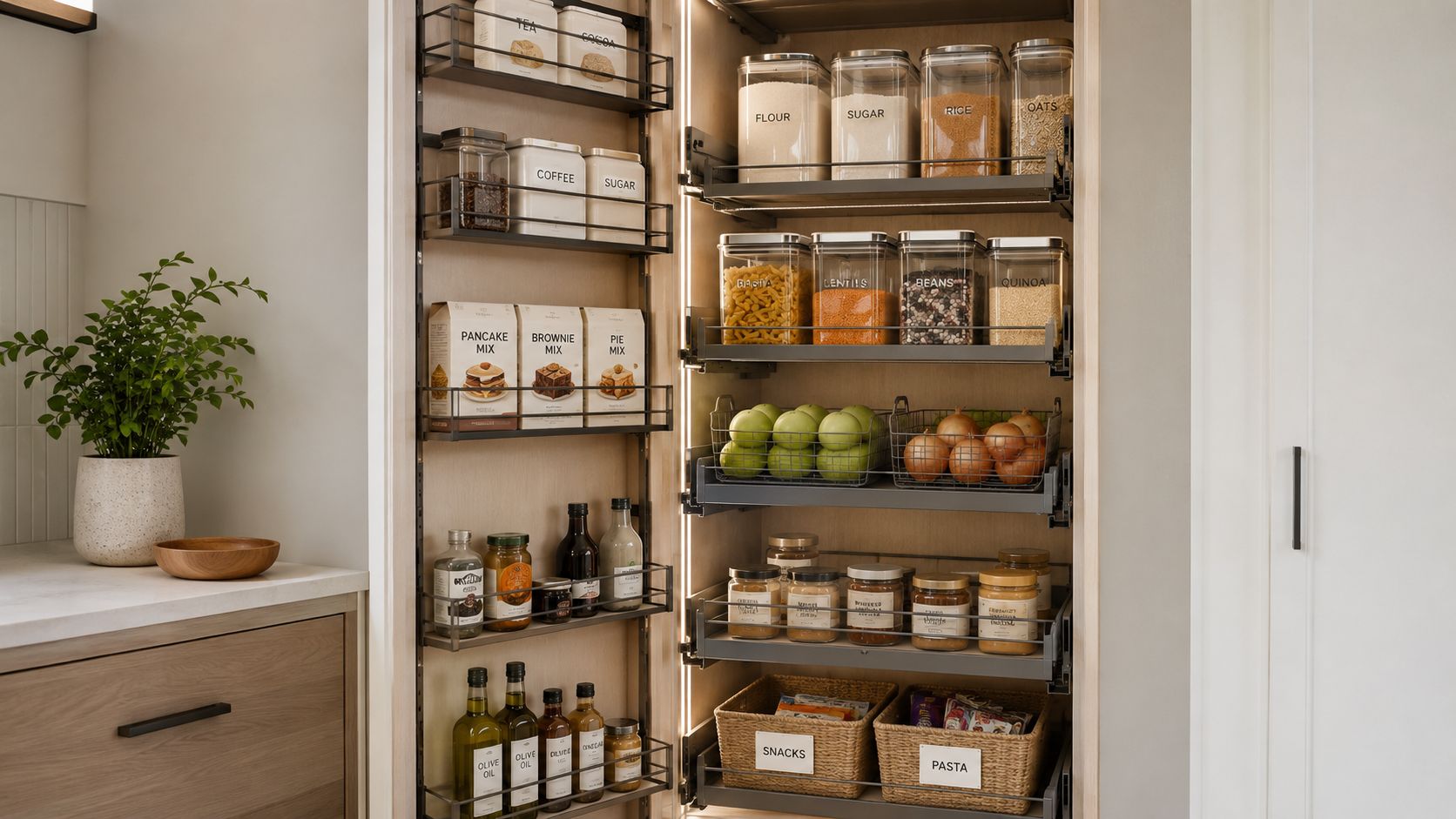 An organized pull-out kitchen pantry cabinet filled with neatly labeled food containers, jars, and storage baskets.