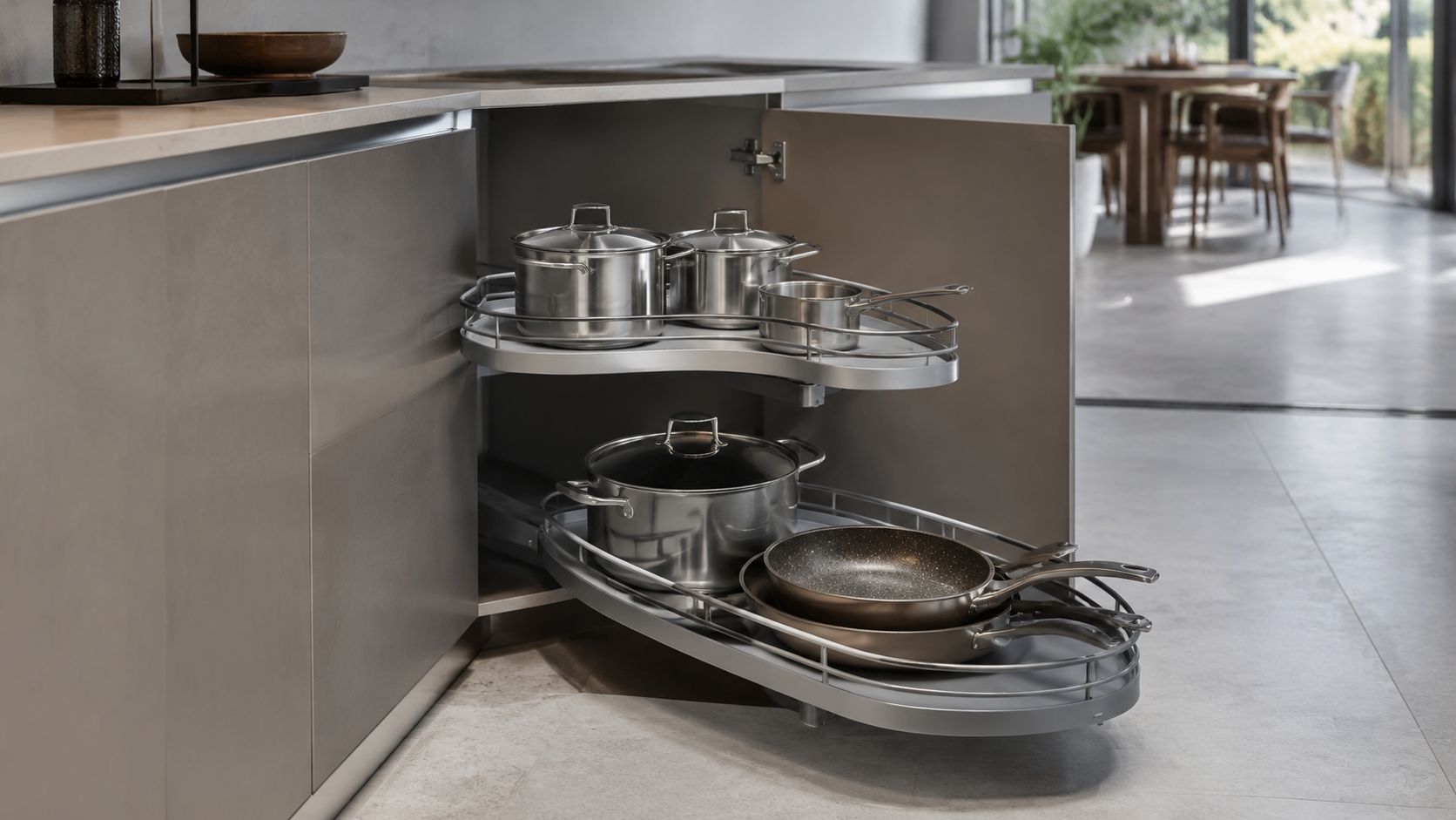 A modern kitchen corner cabinet featuring a pull-out shelf system holding pots, pans, and cookware.