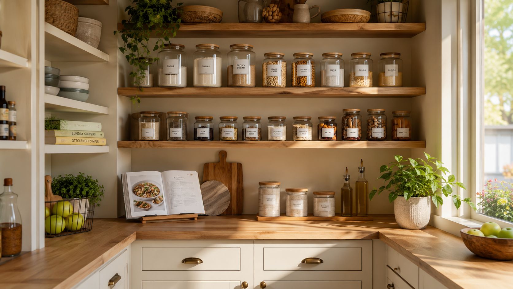 A neatly organized pantry with glass jars on wooden shelves, a cookbook, and fresh green plants.