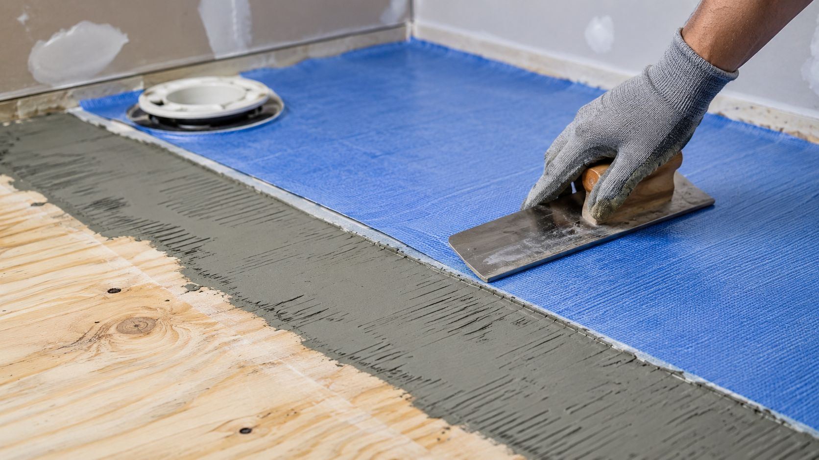 A worker applying thin-set mortar and laying blue waterproof membrane on a bathroom subfloor before tiling.