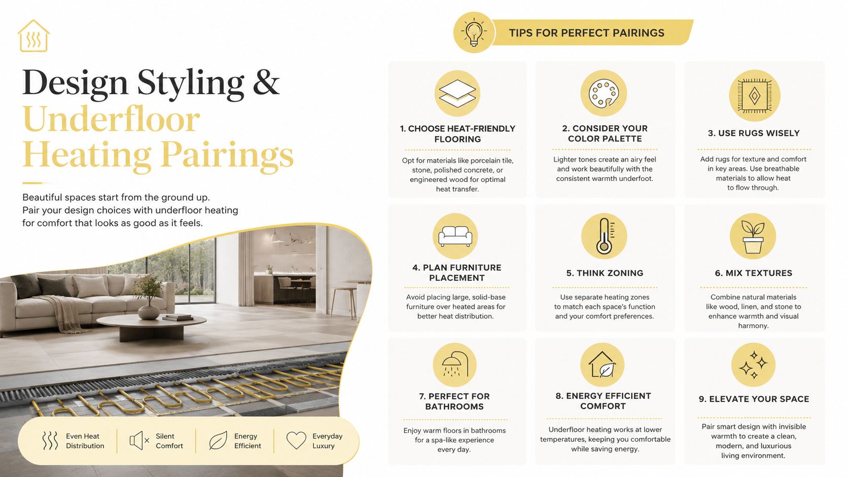 A professional infographic titled Design Styling and Underfloor Heating Pairings providing nine tips for home design.