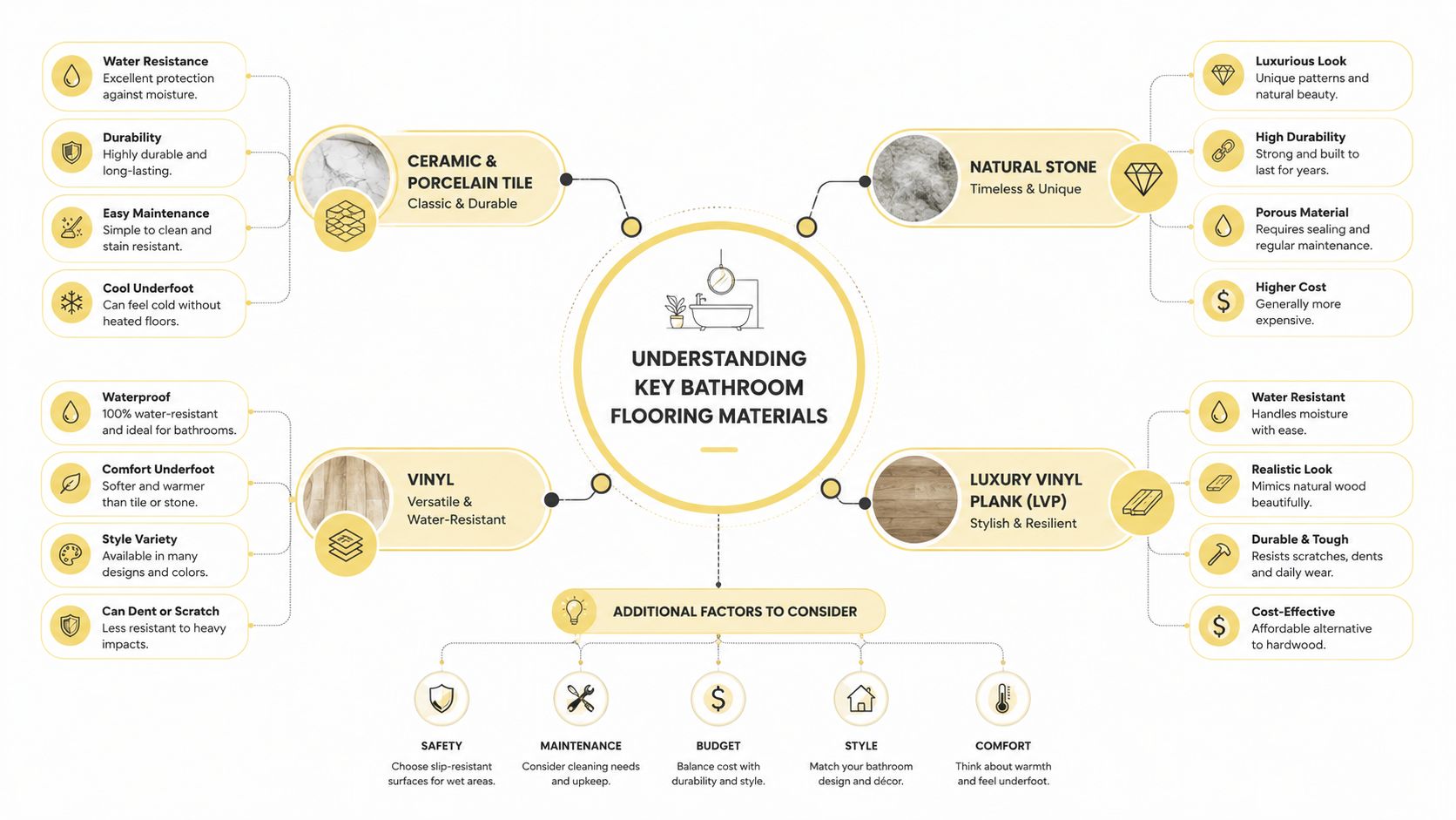 An infographic showing key bathroom flooring materials, including tile, natural stone, vinyl, and luxury vinyl planks.