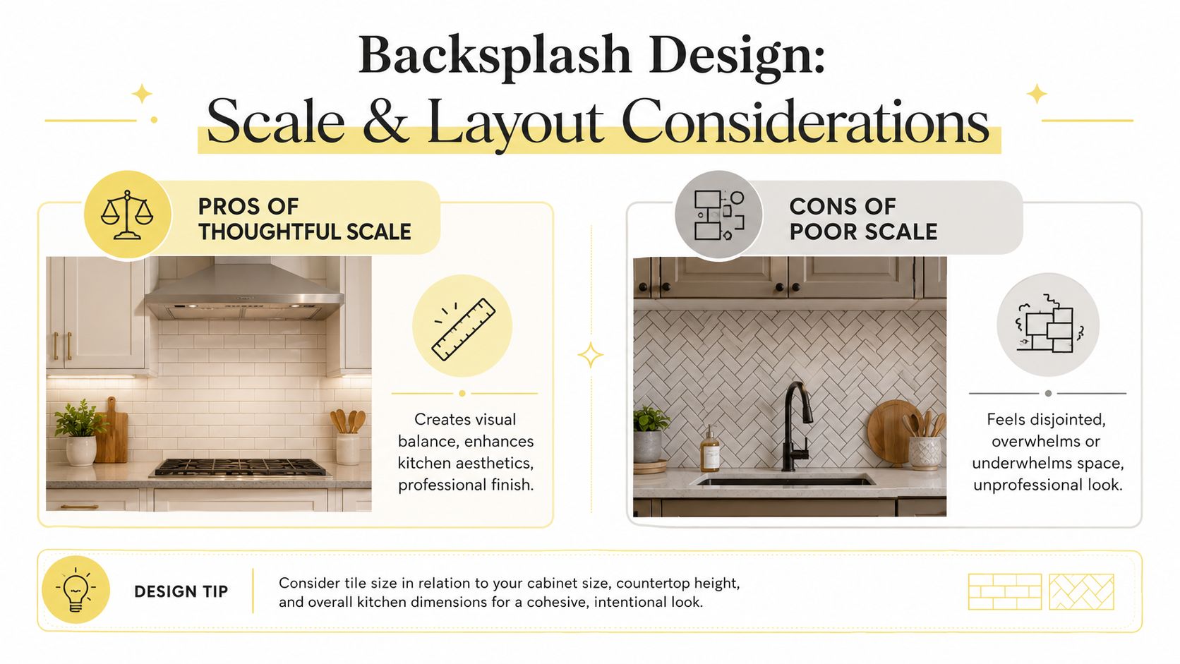 A design infographic explaining the importance of scale and layout for a professional kitchen backsplash appearance.
