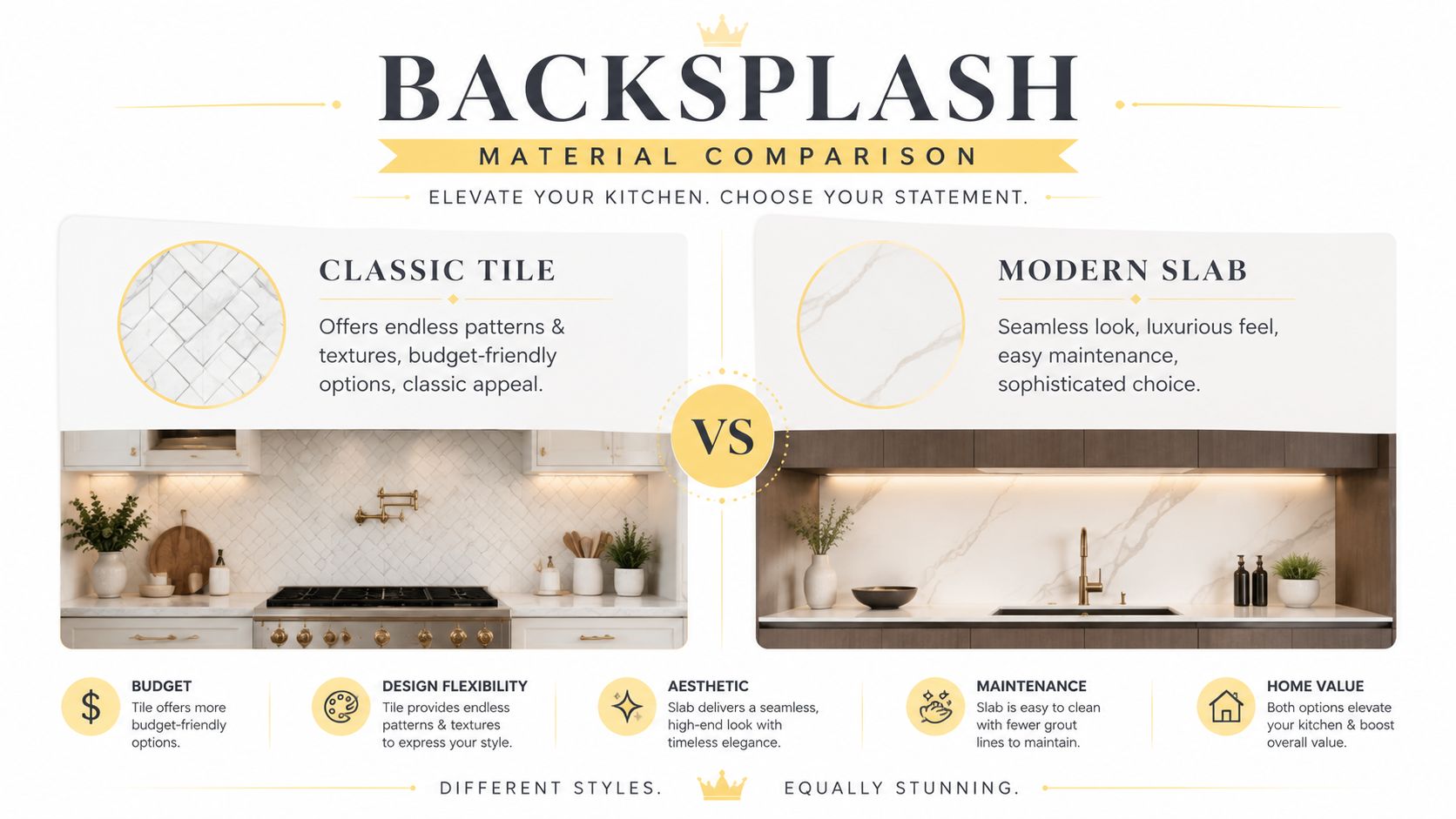 A comparison infographic between classic tiled and modern slab kitchen backsplash designs for home renovation.