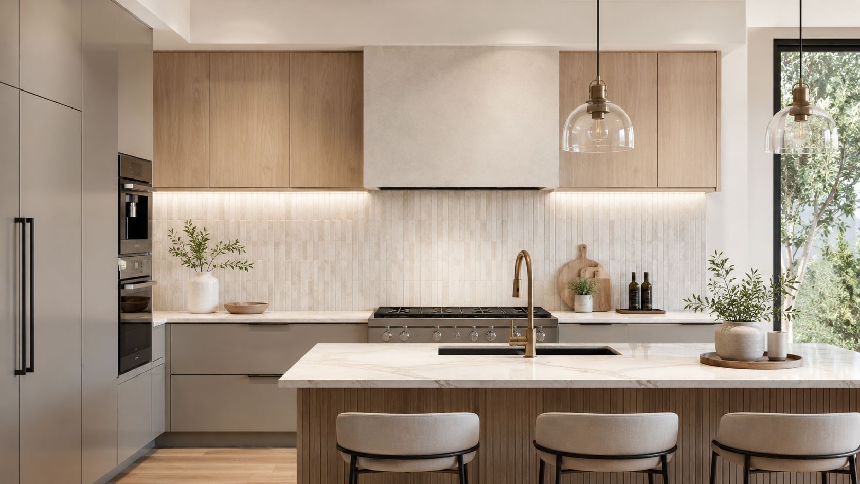 A modern kitchen with natural wood cabinets, a marble island countertop, and a vertical stone tile backsplash.