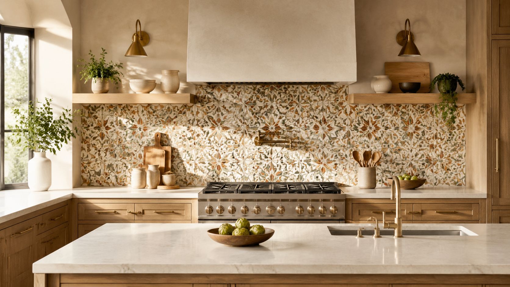 A warm, sunlit kitchen featuring a patterned tile backsplash, natural wood cabinetry, and a marble countertop island.