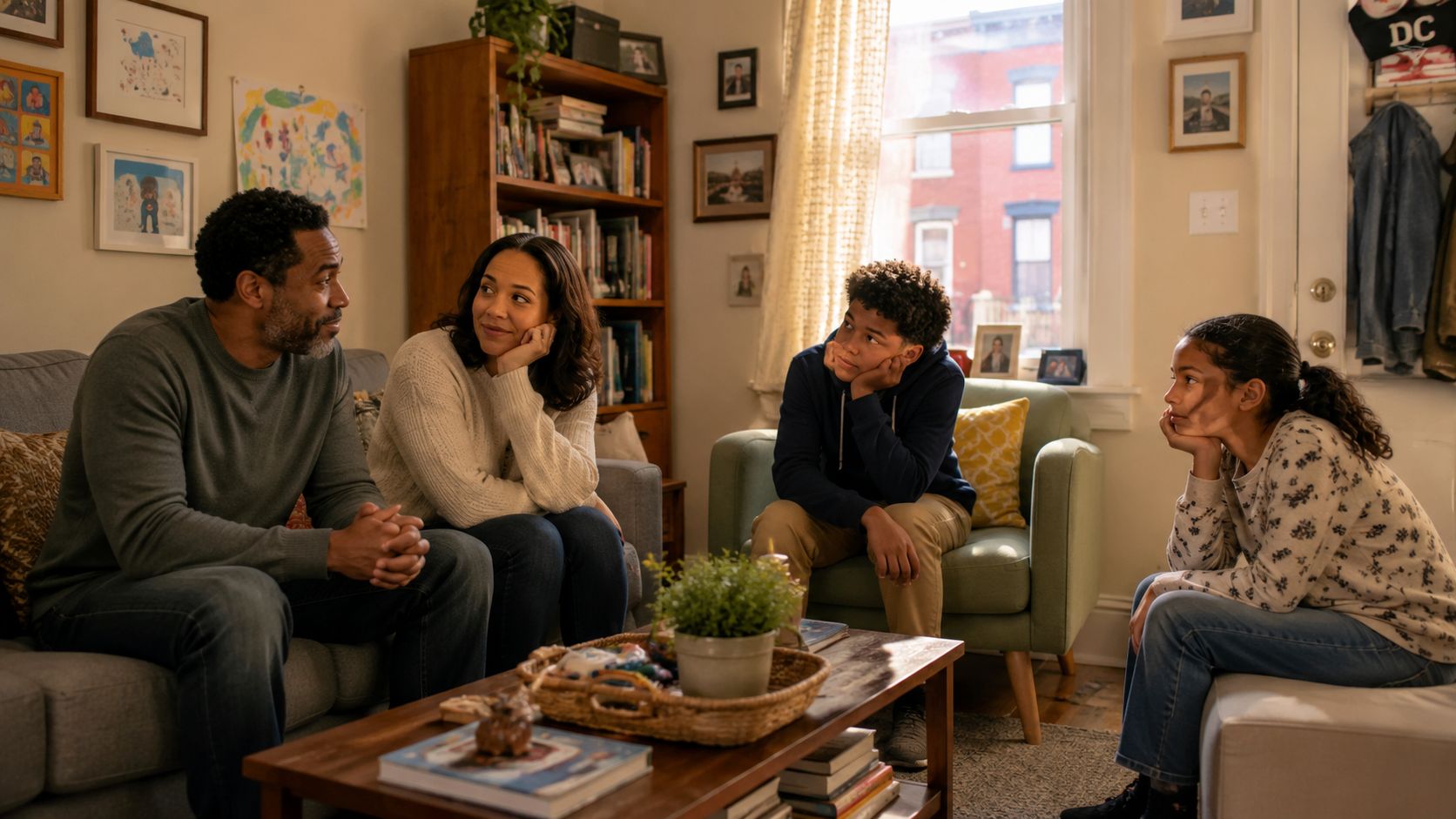 A happy family of four sitting together in their cozy living room, engaged in a warm conversation.