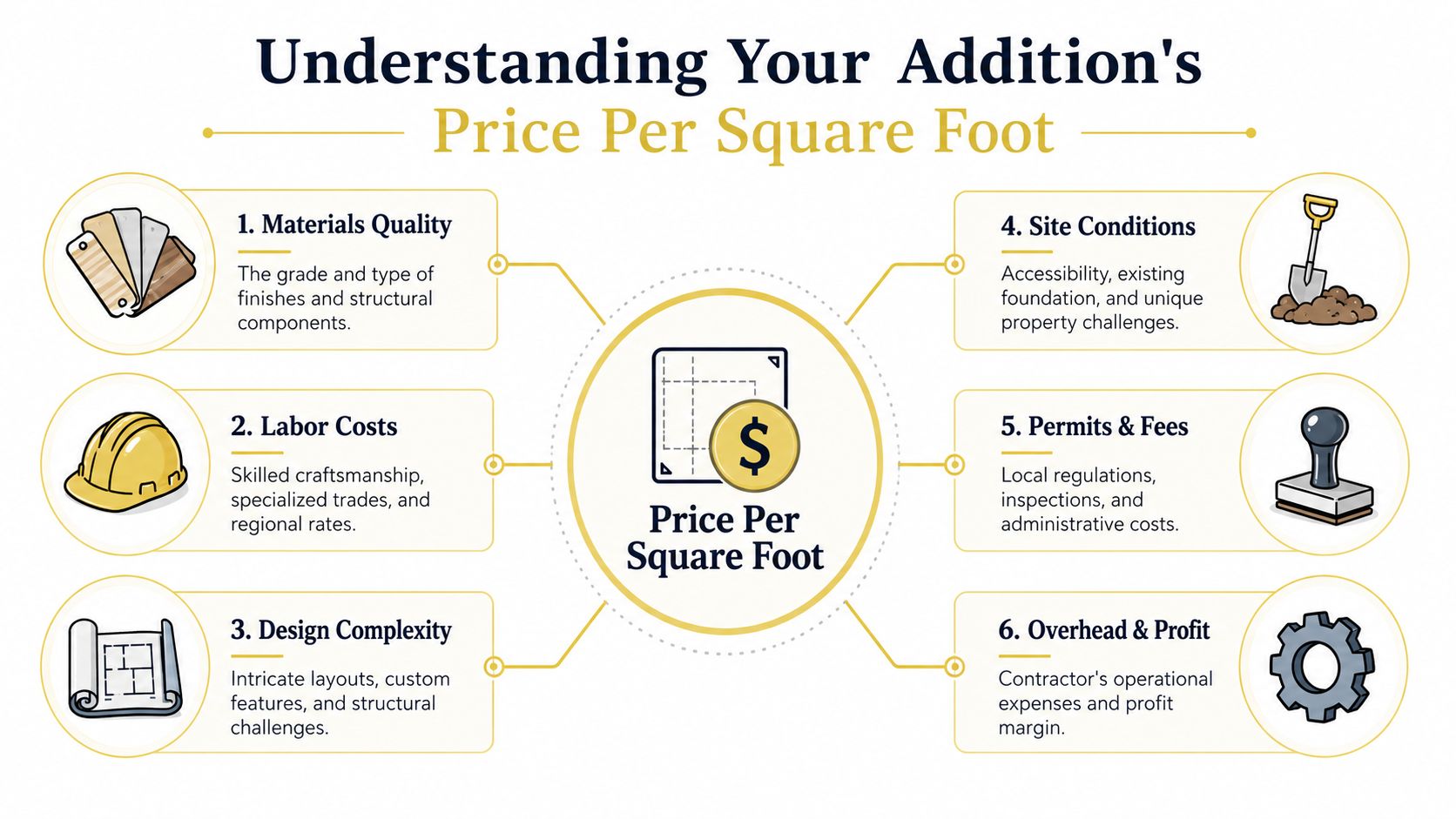 An infographic showing the six key factors that determine the price per square foot for a home addition.