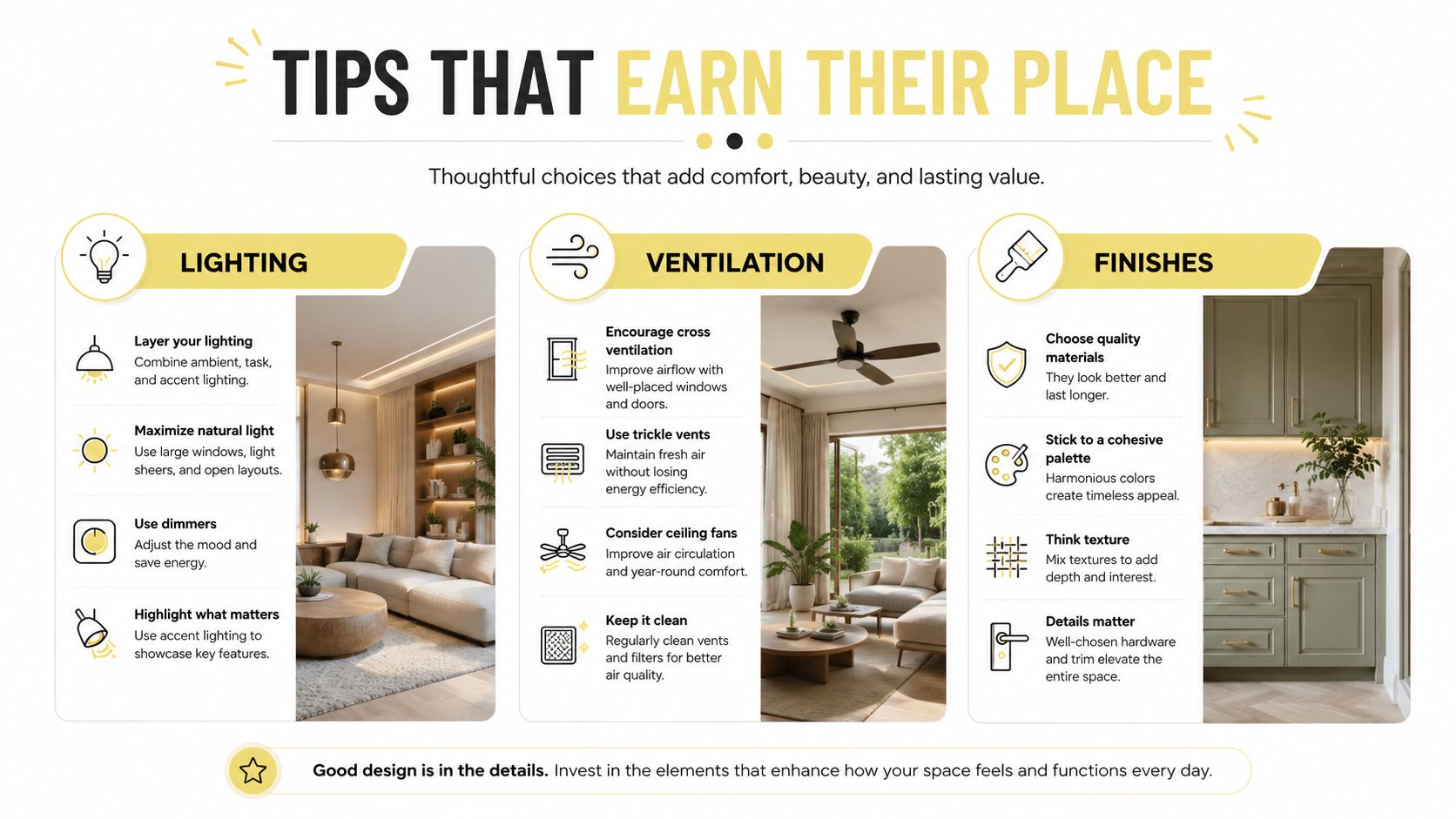 An infographic detailing design tips for lighting, ventilation, and interior finishes to improve home comfort and value.