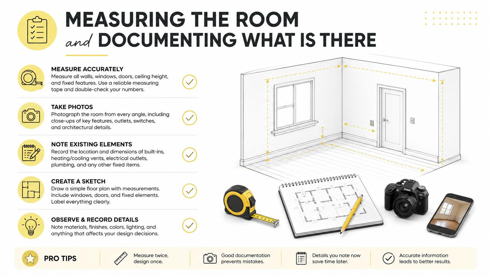 An infographic showing steps for measuring and documenting a room for renovation or design projects.