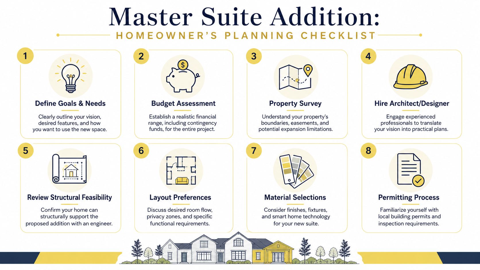 A checklist infographic outlining eight essential steps for planning a professional master suite addition for your home.