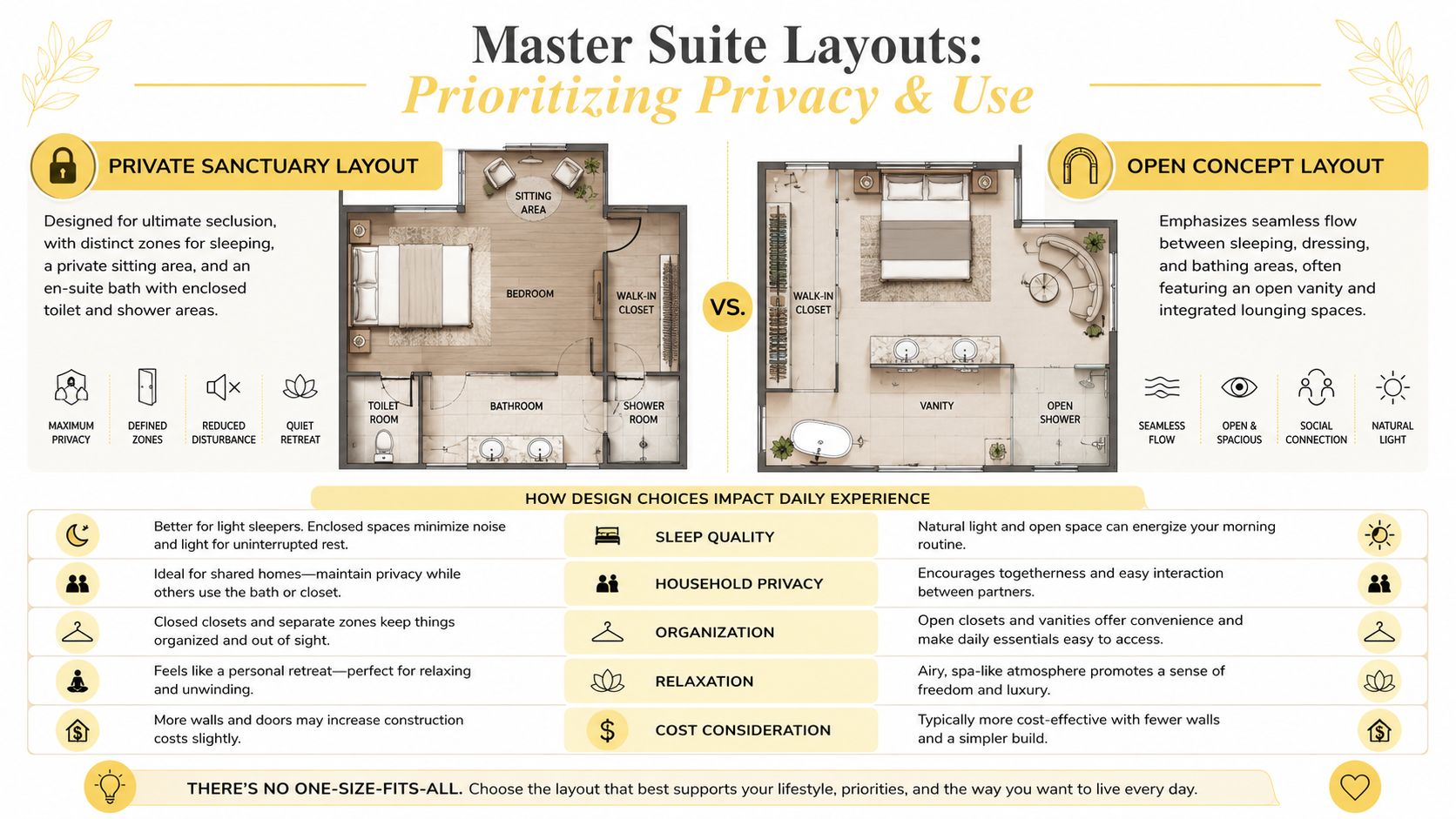 A comparison infographic showing a Private Sanctuary layout versus an Open Concept layout for master suites.