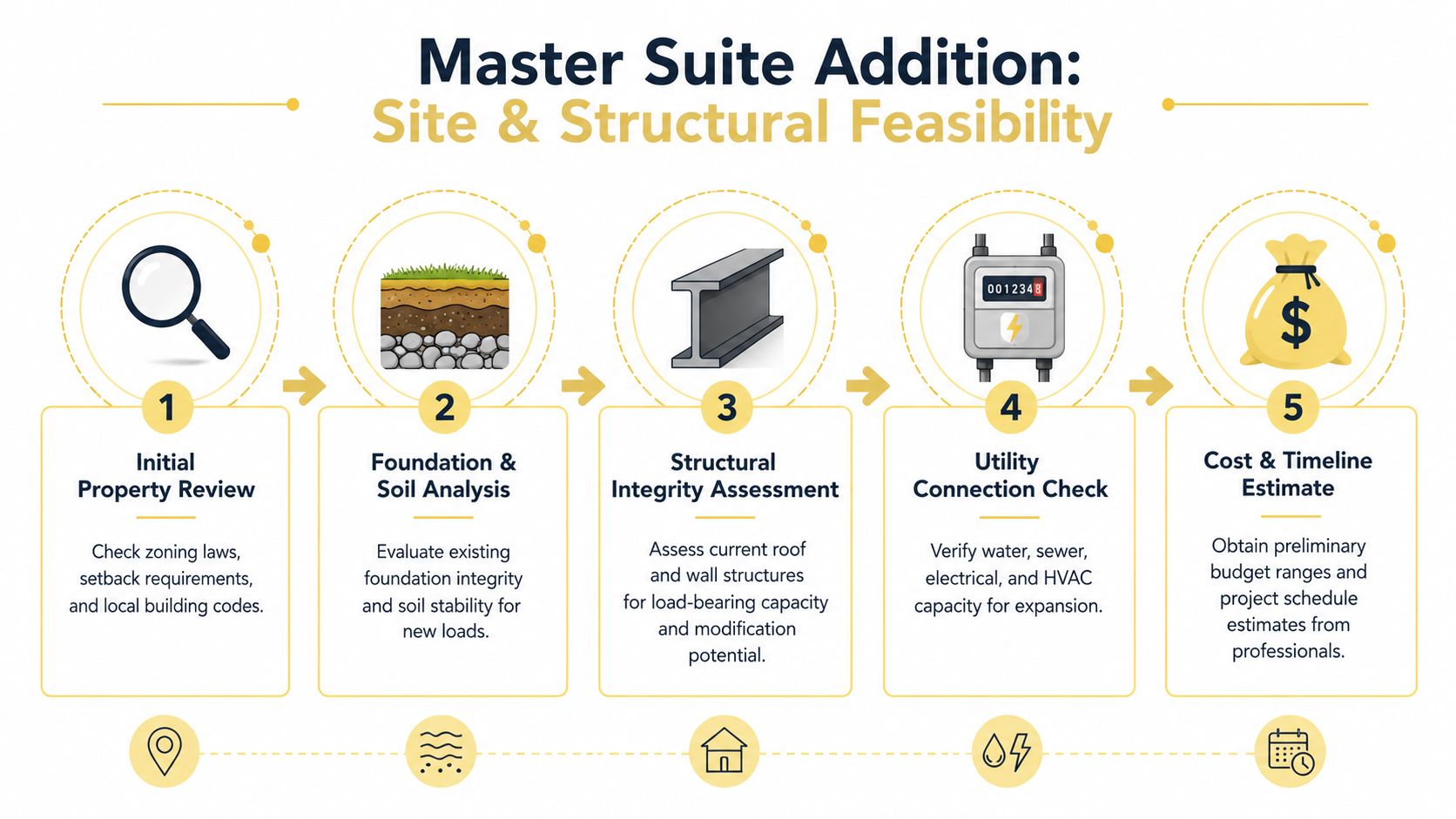 A five-step infographic outlining the site and structural feasibility process for a master suite home addition.