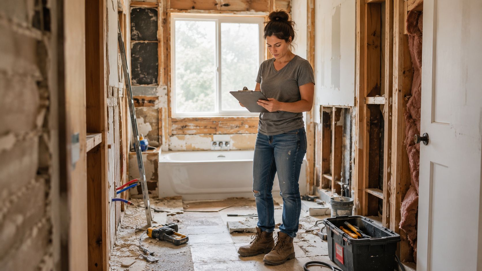 A woman in work clothes holding a clipboard while inspecting a bathroom under renovation.