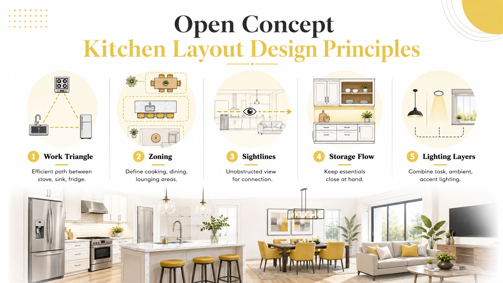 An infographic showing five design principles for an open concept kitchen, including work triangle, zoning, and lighting.