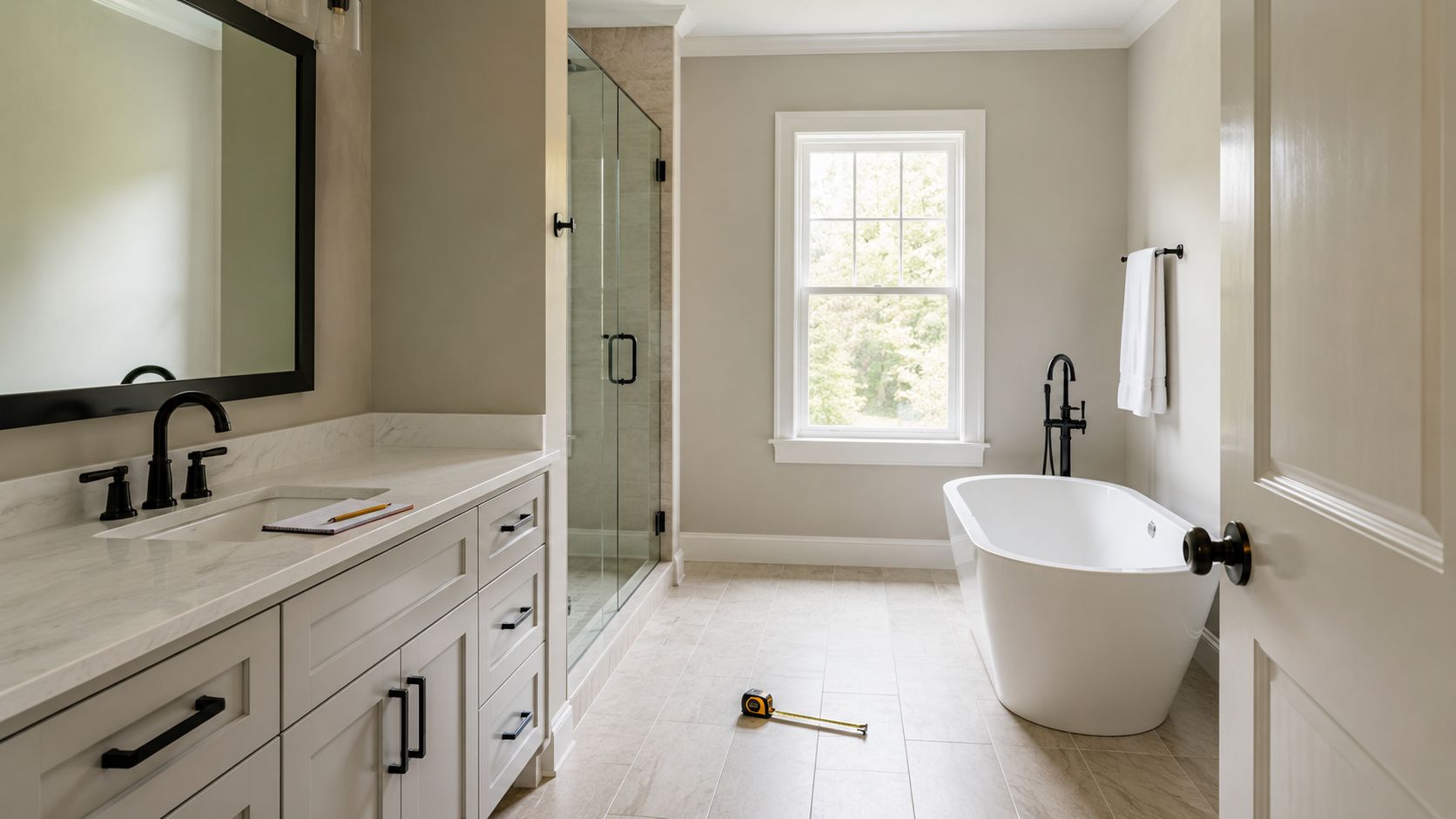 A modern, bright bathroom with a vanity, walk-in glass shower, and a freestanding soaking tub.