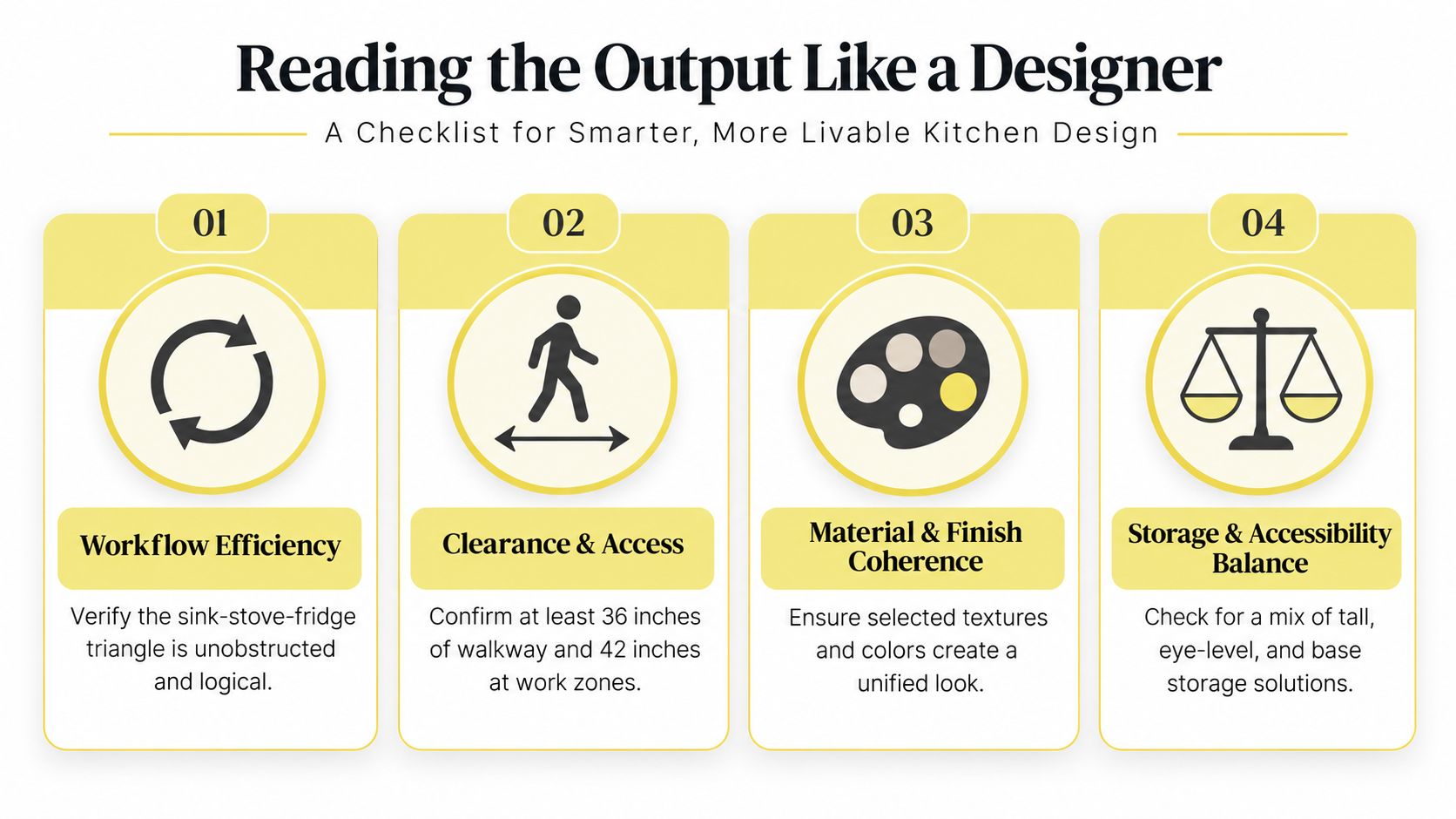 An infographic checklist for kitchen layout design featuring tips on workflow, clearance, materials, and storage balance.