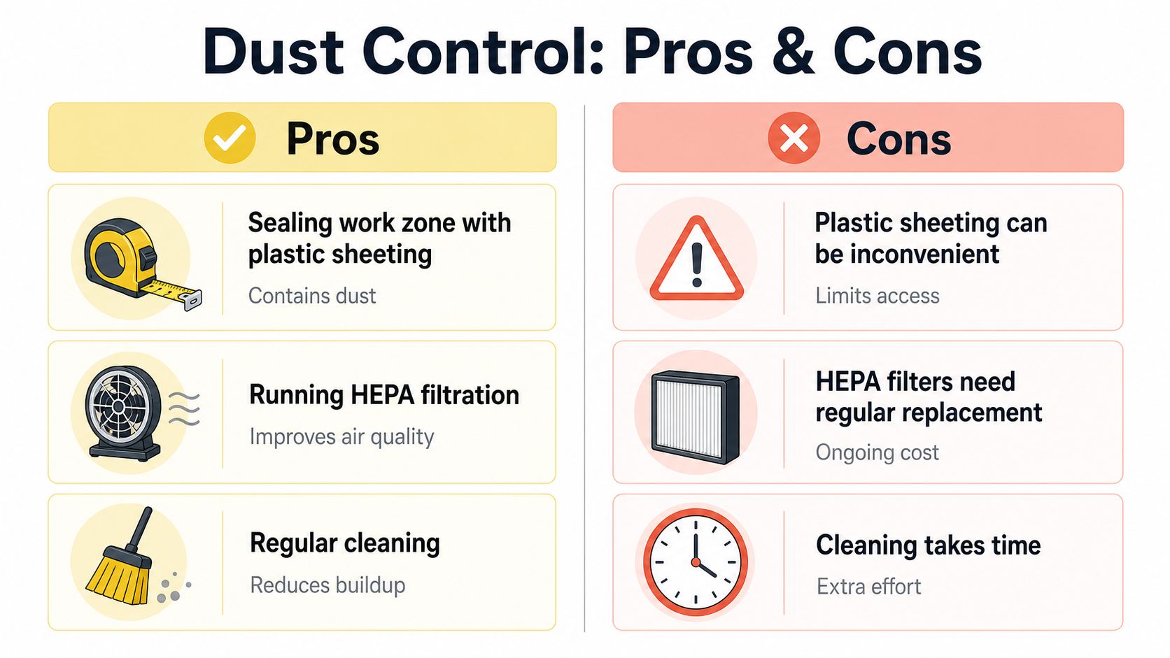 A comparison chart showing the pros and cons of various dust control methods during home renovations.