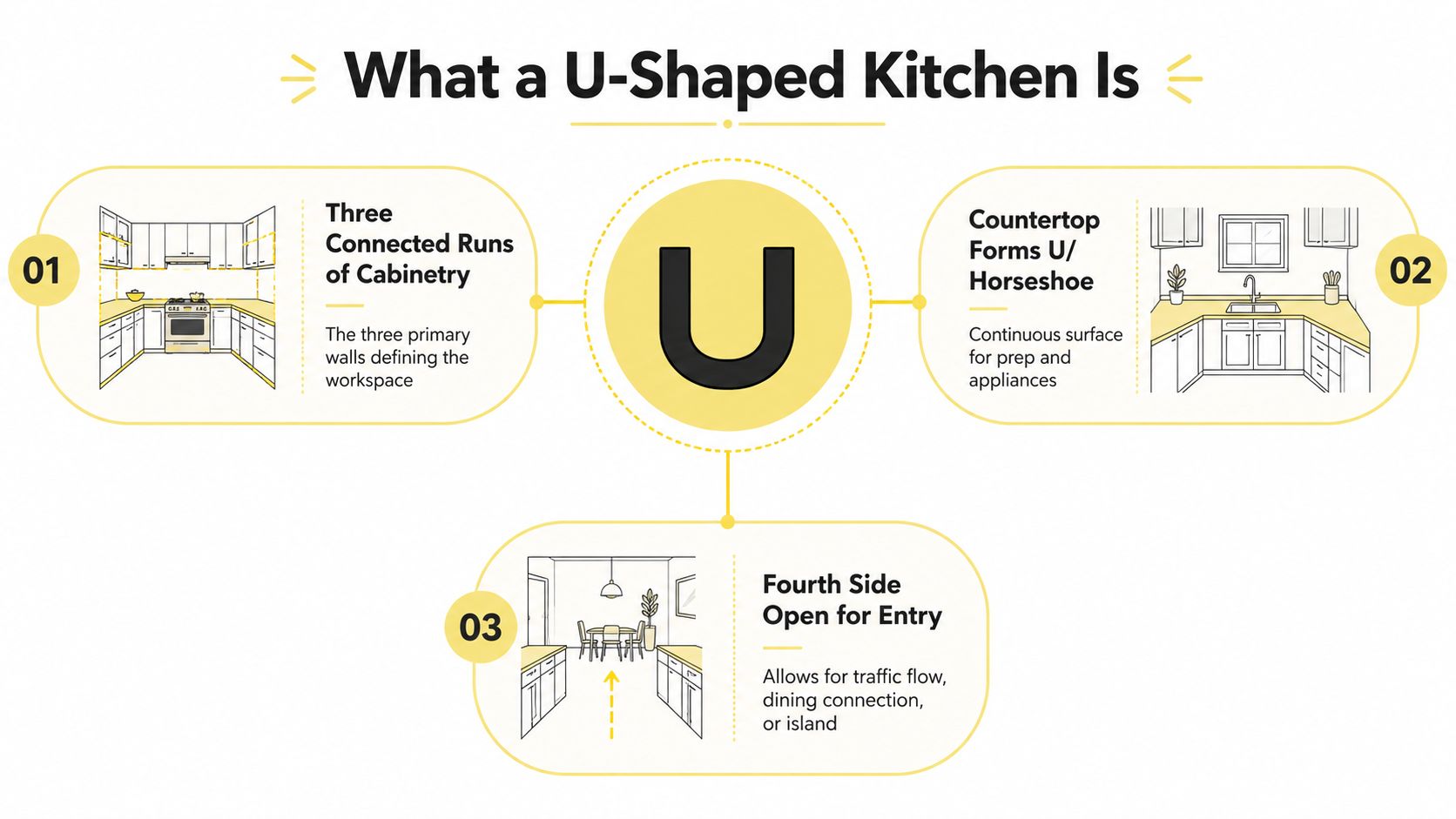 A diagram infographic explaining the features of a U-shaped kitchen layout with three connected cabinetry sides.