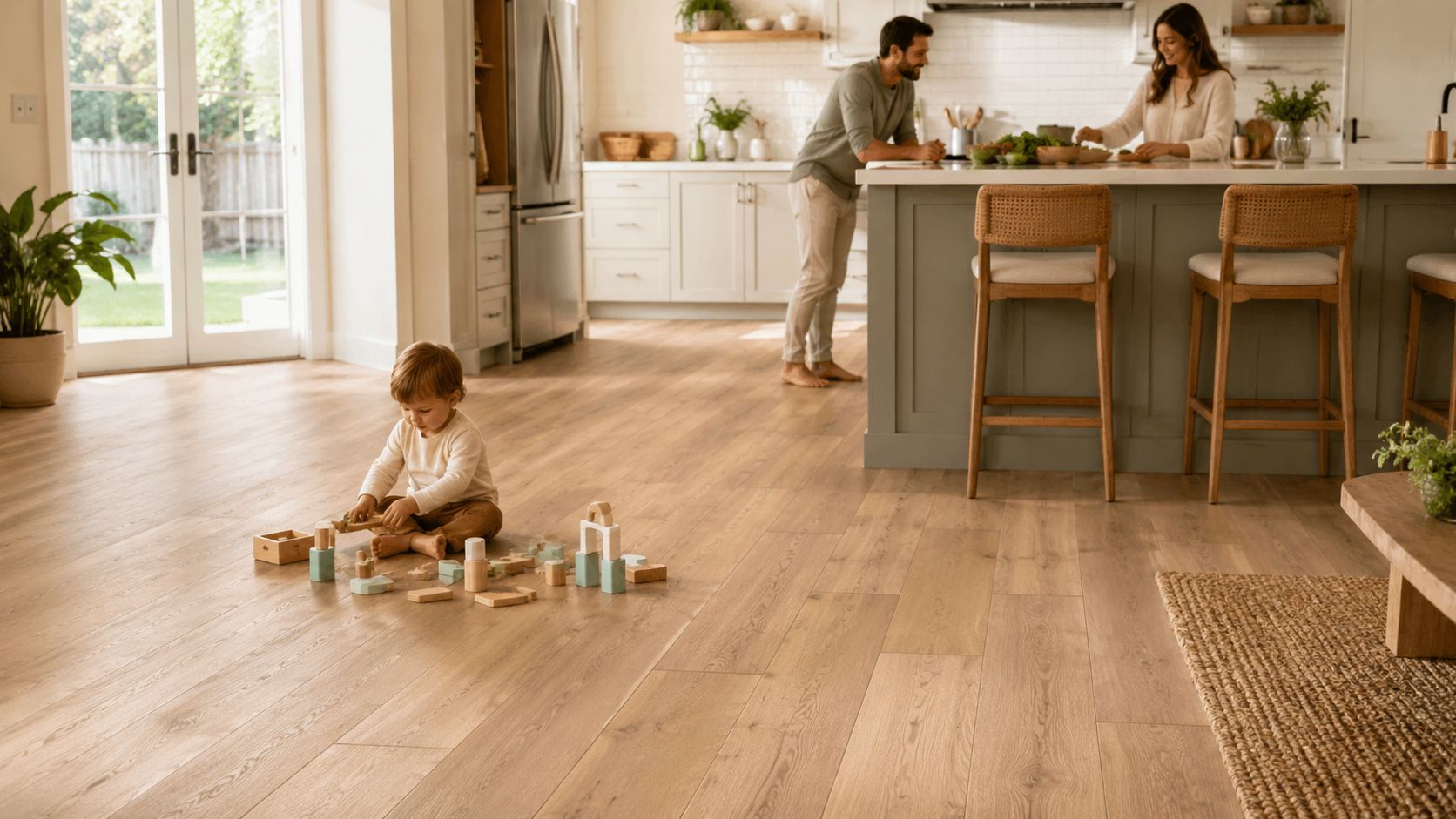 A happy toddler playing with wooden blocks on a beautiful light-colored hardwood floor in a modern kitchen.
