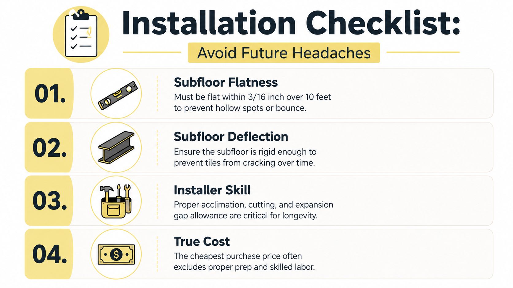 A four-point installation checklist infographic providing tips for successful and durable flooring projects in your home.
