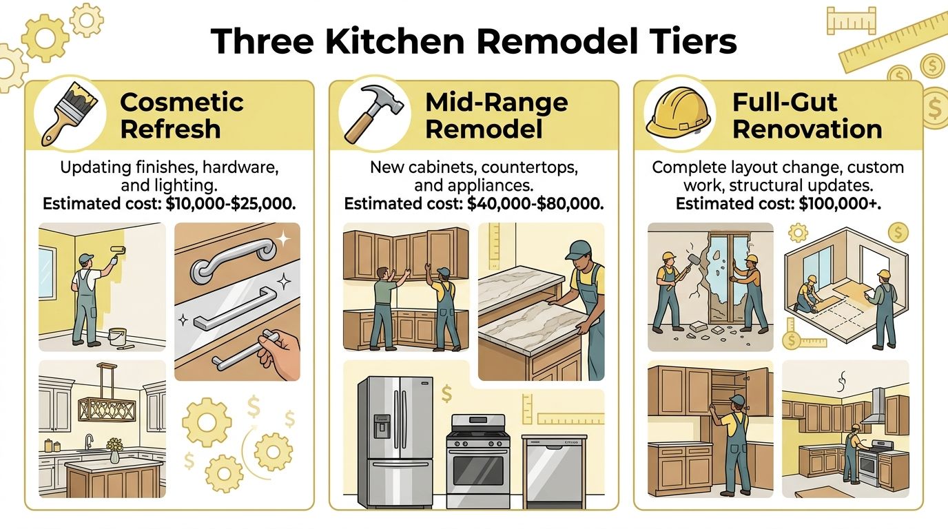 An infographic detailing three tiers of kitchen remodeling with estimated costs, showing cosmetic, mid-range, and full renovation options.
