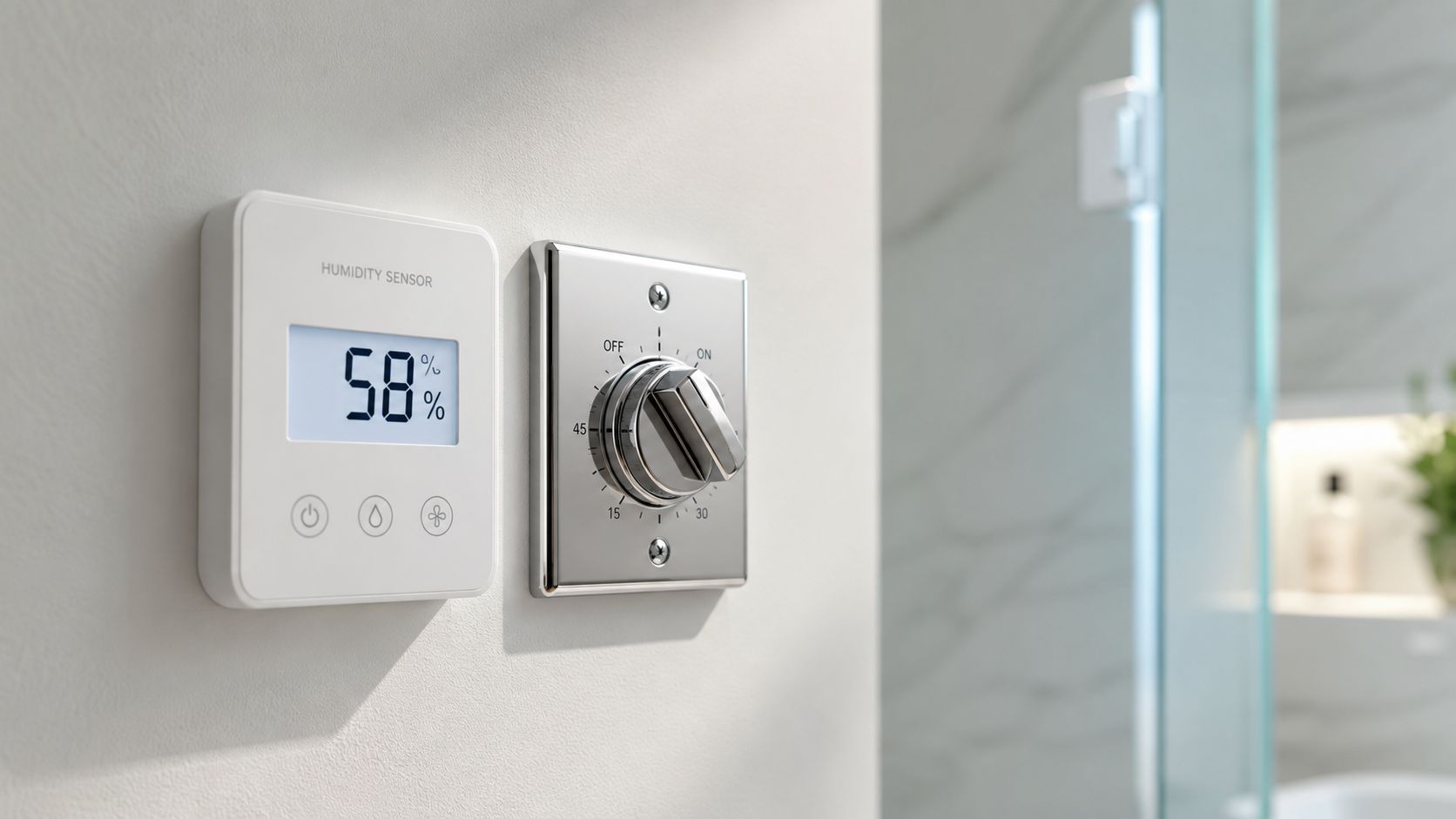 A digital humidity sensor and a mechanical timer switch mounted on a white bathroom wall.