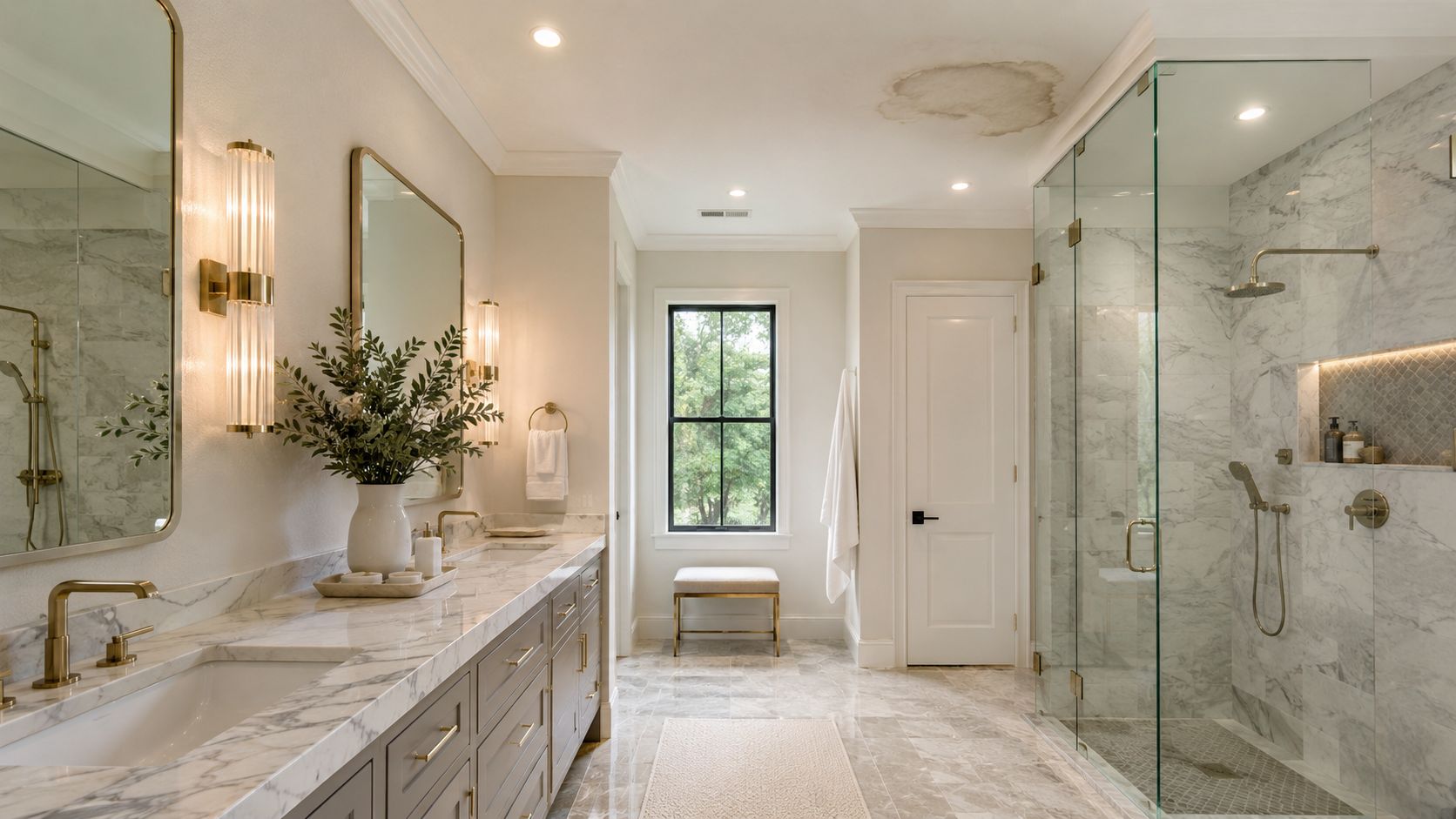 A luxurious marble bathroom featuring a double vanity, glass-enclosed shower, and a visible water damage stain.