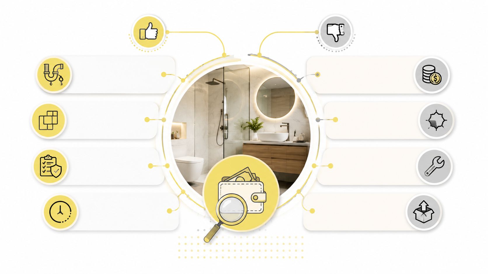 A bathroom renovation cost breakdown infographic showing icons for planning, budget, and construction details around a modern bathroom.