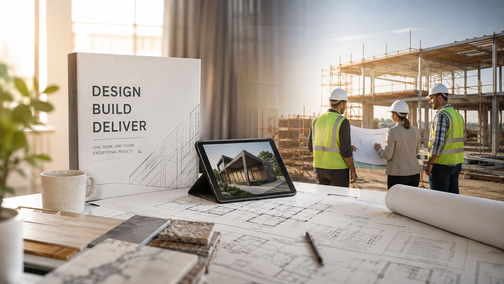 A professional construction design office scene showing blueprints, architectural materials, and a tablet displaying a modern building project.
