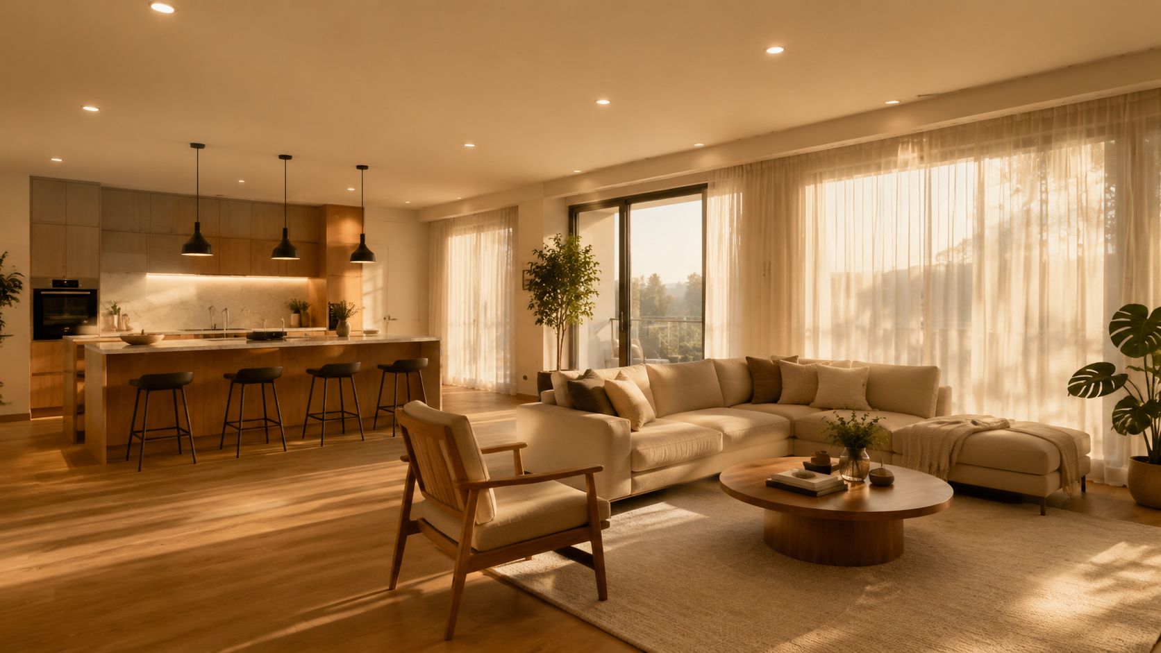 A luxurious open-plan living room and kitchen featuring warm sunset lighting and modern recessed ceiling lights.
