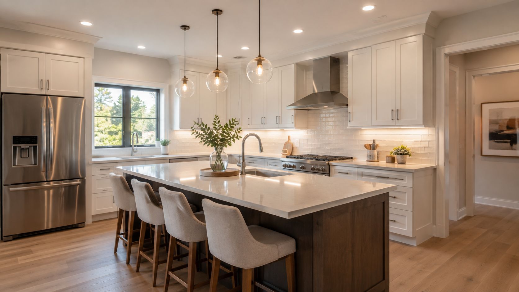 A bright, modern kitchen featuring white cabinets, a dark wood island, stainless appliances, and recessed ceiling lighting.