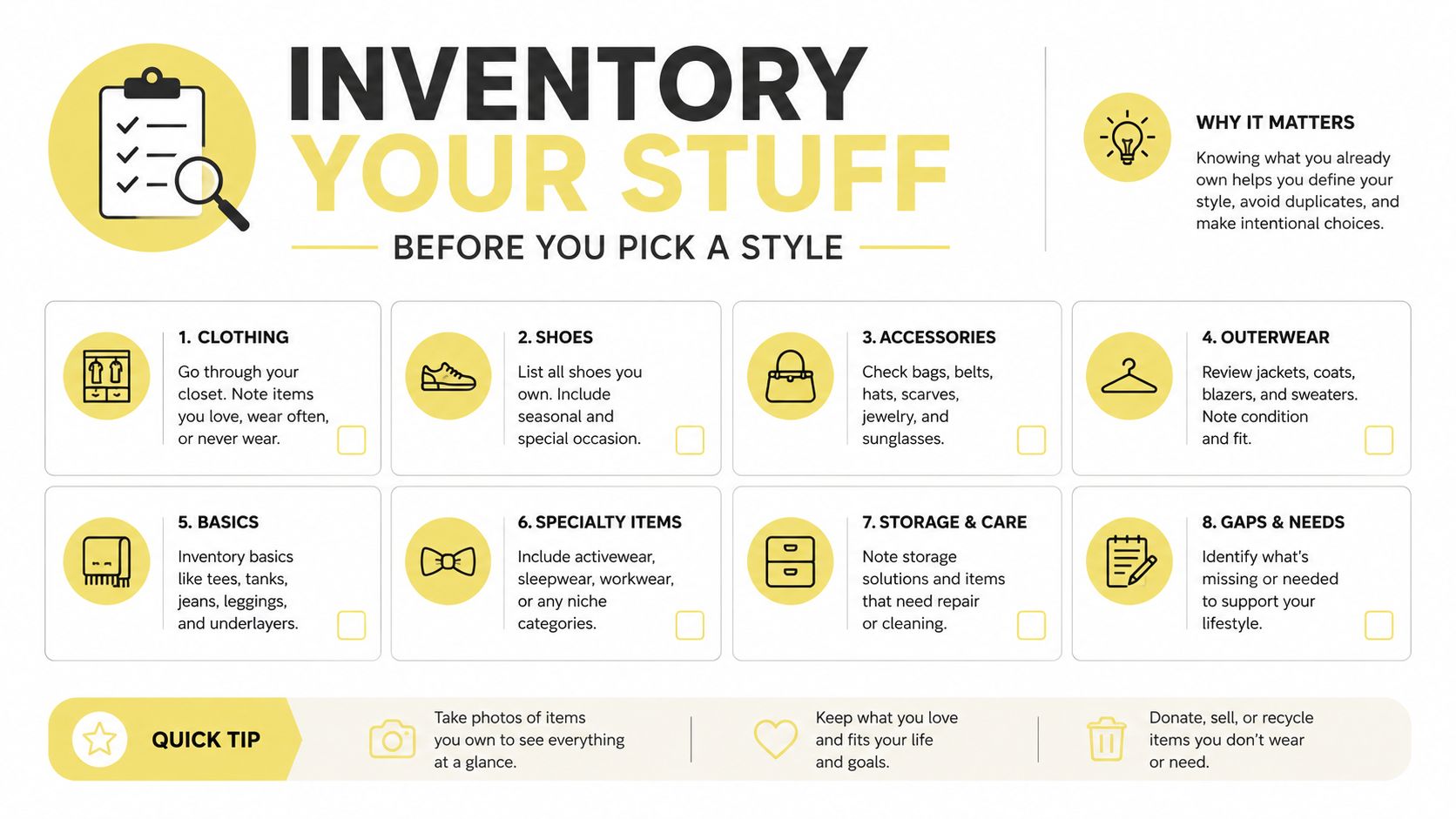 An infographic titled Inventory Your Stuff, showing eight categories for organizing and auditing your personal wardrobe collection.