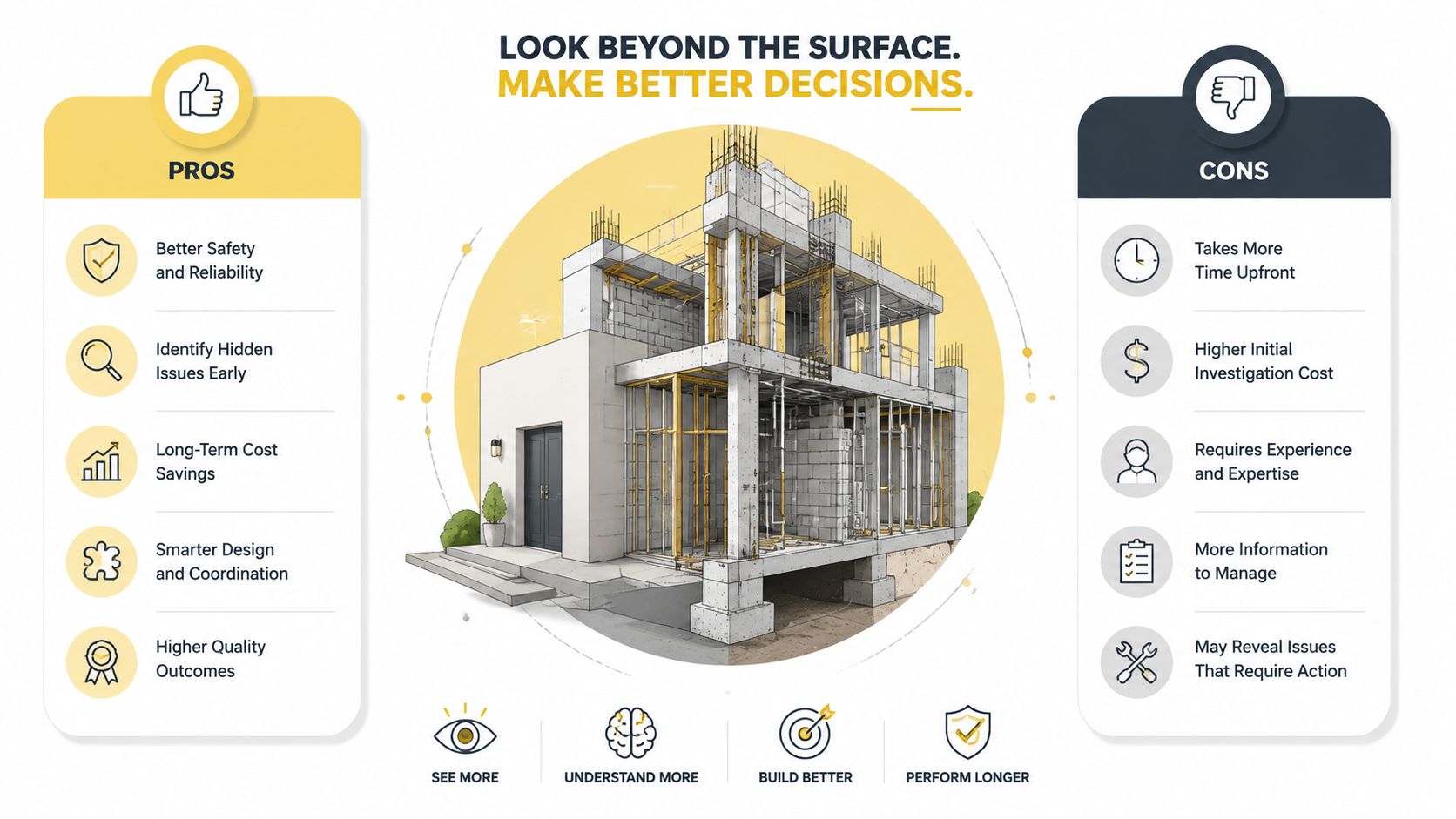 An infographic comparing the pros and cons of deep building investigation during construction projects.