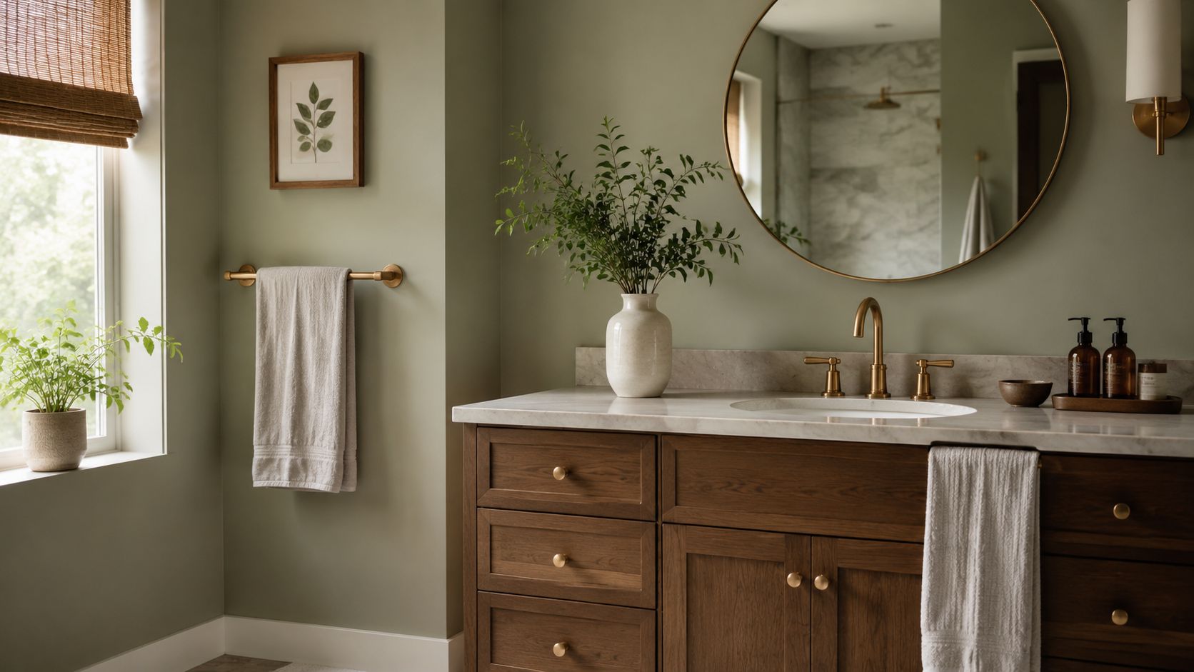 A modern bathroom vanity featuring a marble countertop, wooden cabinets, and sage green wall paint colors.