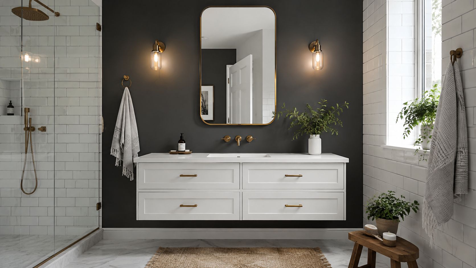 A modern bathroom vanity featuring dark charcoal walls, a white floating cabinet, and brass fixtures.