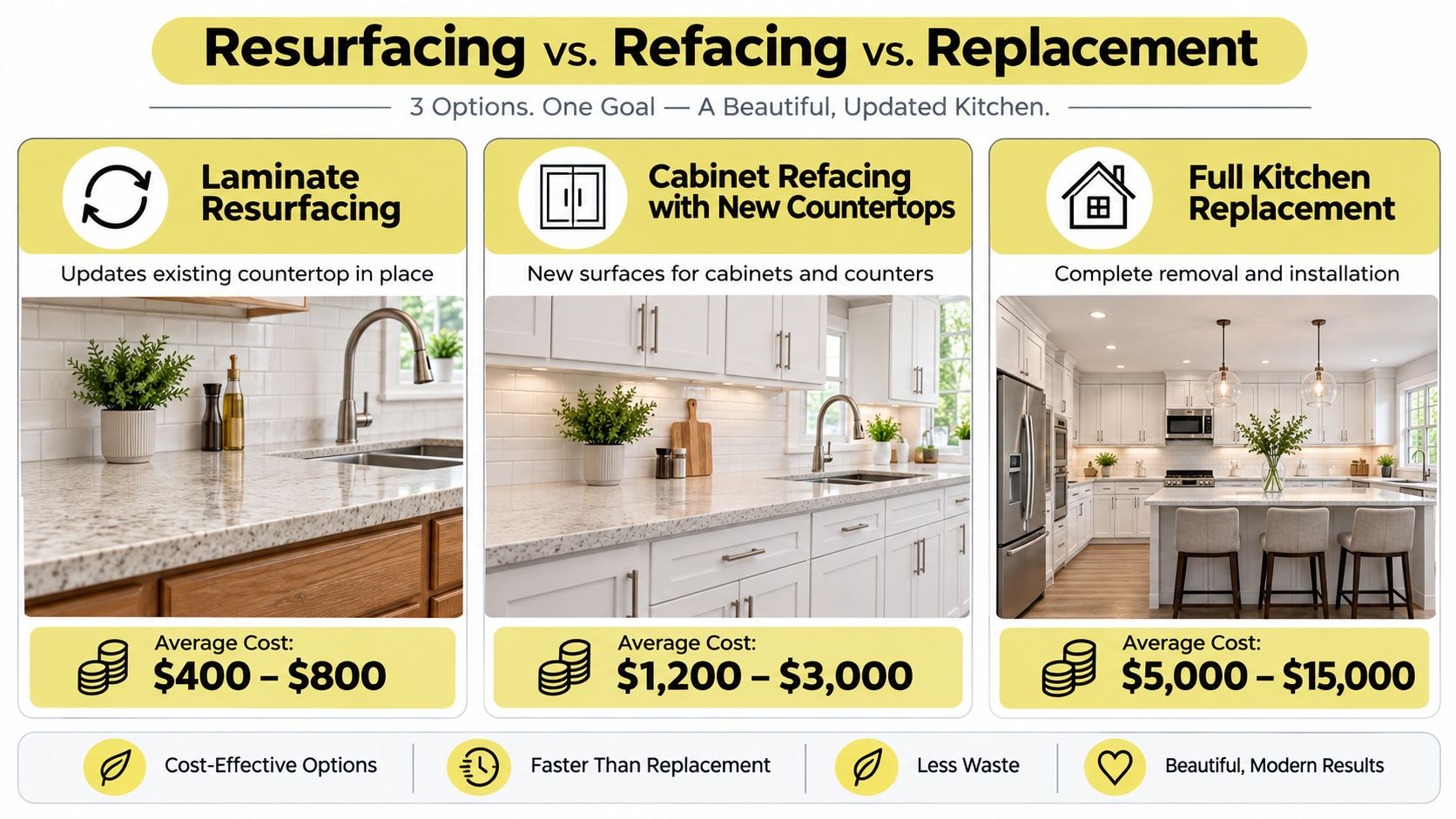 A comparison infographic showing three kitchen renovation options: laminate resurfacing, cabinet refacing, and full kitchen replacement.