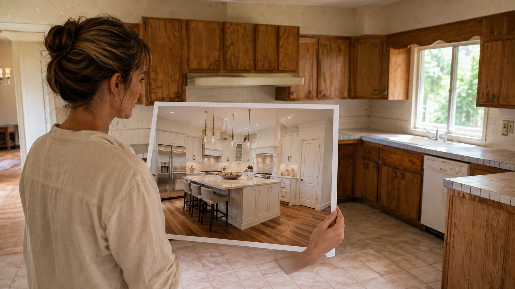 A woman holding a printout of a modern kitchen renovation inside an outdated wooden kitchen space.