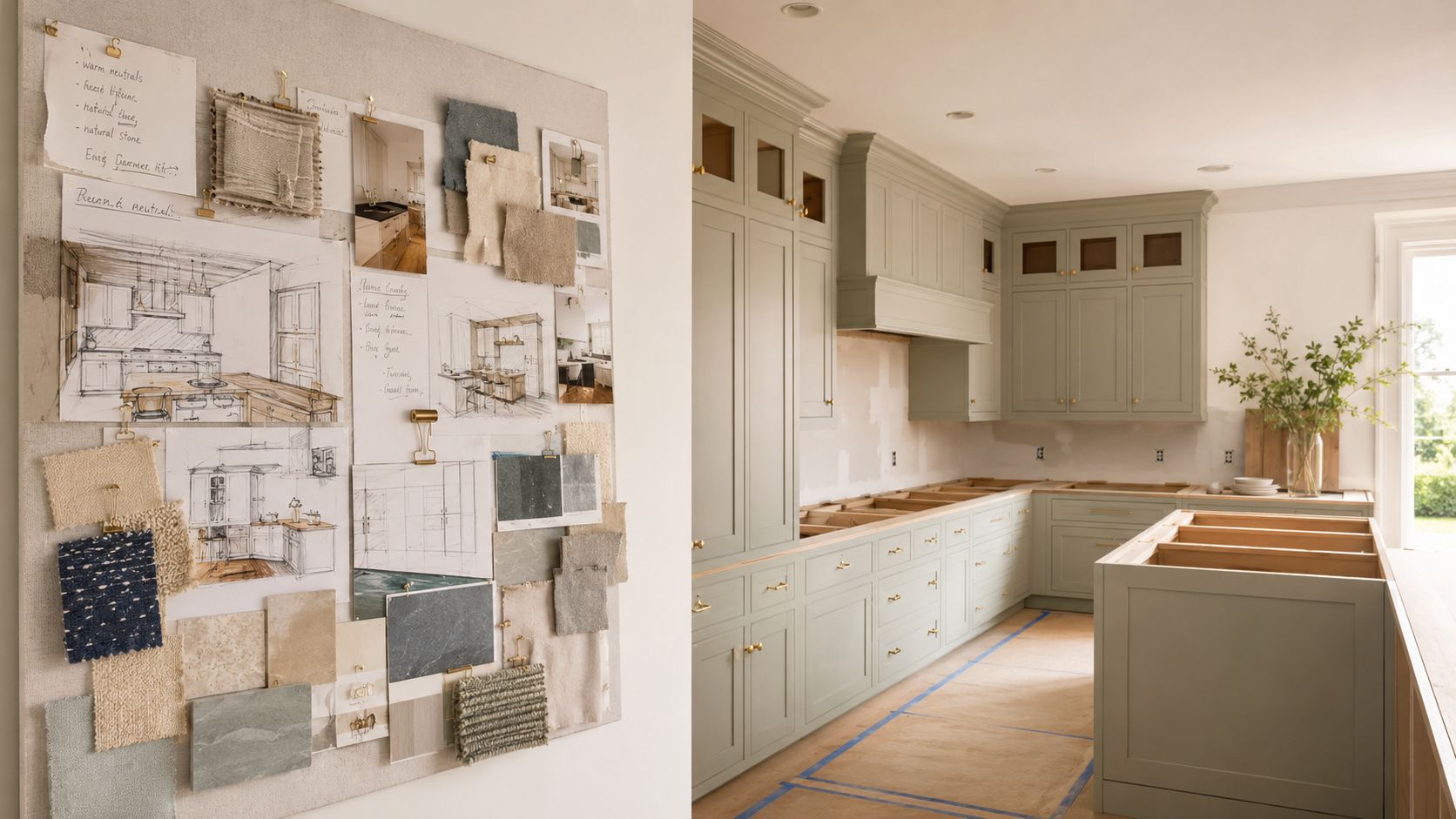 A mood board with sketches and fabric samples beside a kitchen currently undergoing a light green remodel.