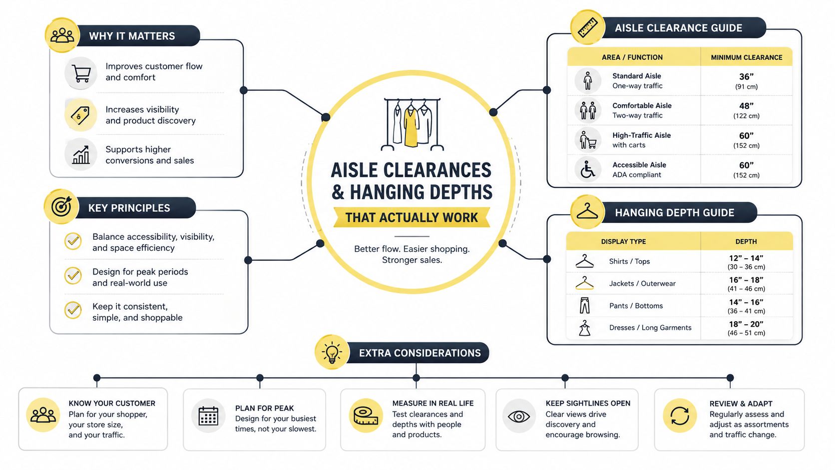 An infographic guide detailing recommended aisle clearances and hanging depths for efficient retail store layout planning.