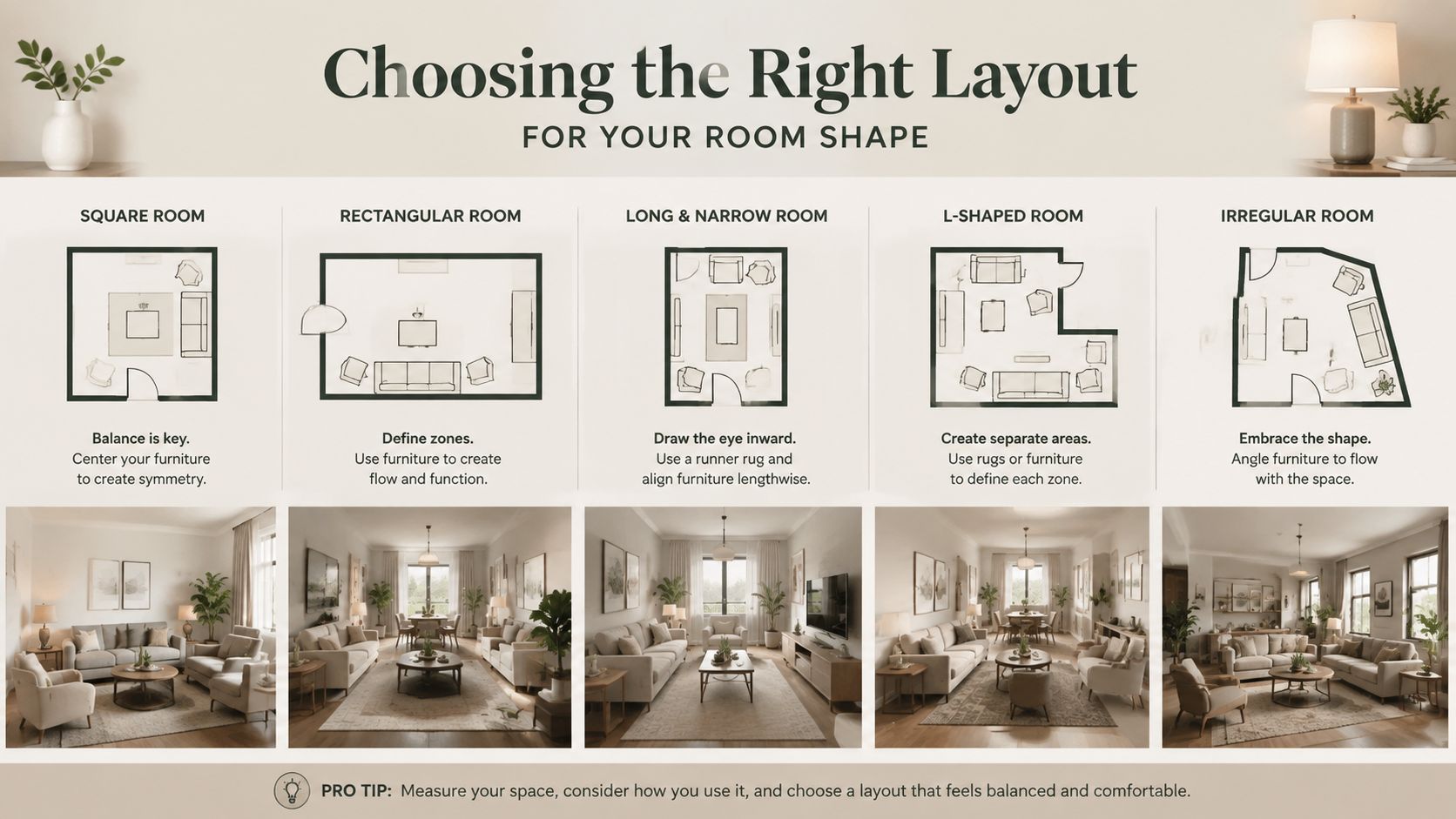 An infographic showing furniture arrangement tips for different room shapes including square, rectangular, long, L-shaped, and irregular.