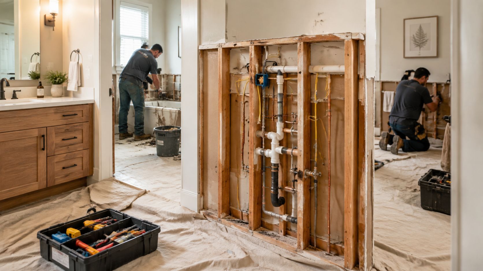 Two construction workers performing plumbing and electrical renovations in a residential bathroom remodel project.