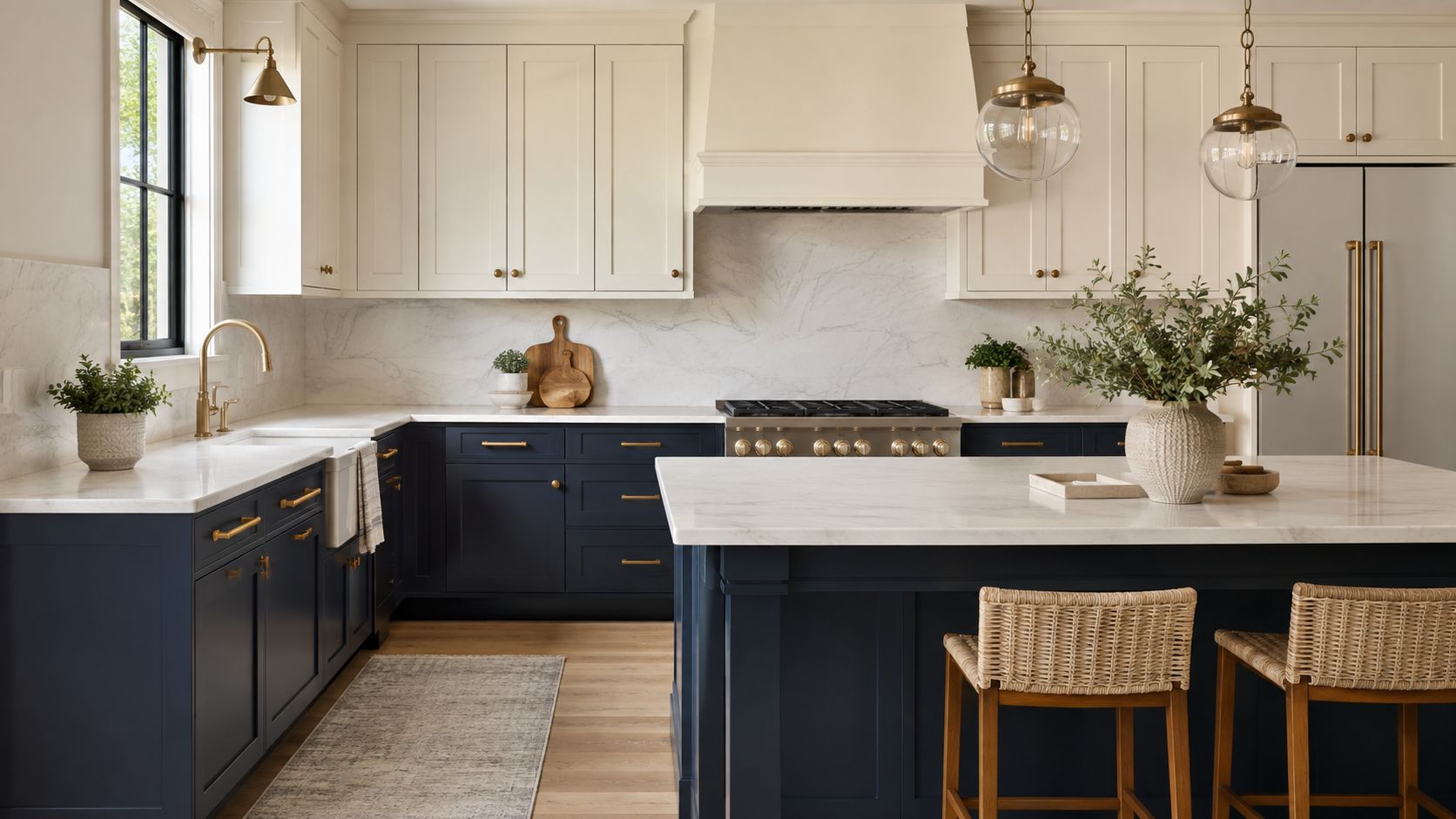 A luxurious kitchen with navy blue lower cabinets, cream upper cabinets, white marble countertops, and gold fixtures.