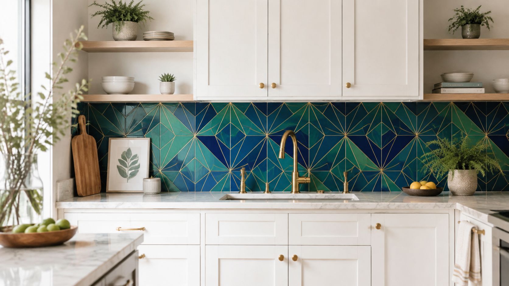 A modern kitchen with white cabinetry, a striking geometric blue and green tile backsplash, and brass fixtures.