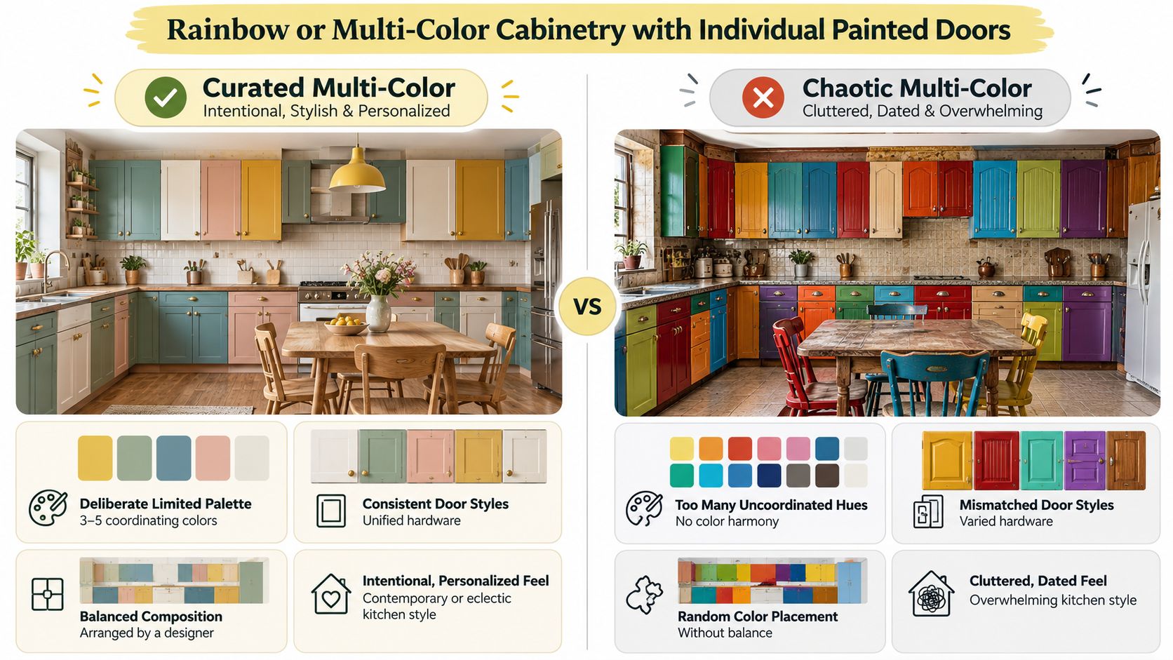 A comparison between a curated multi-colored kitchen and a chaotic multi-colored kitchen design with contrasting examples.
