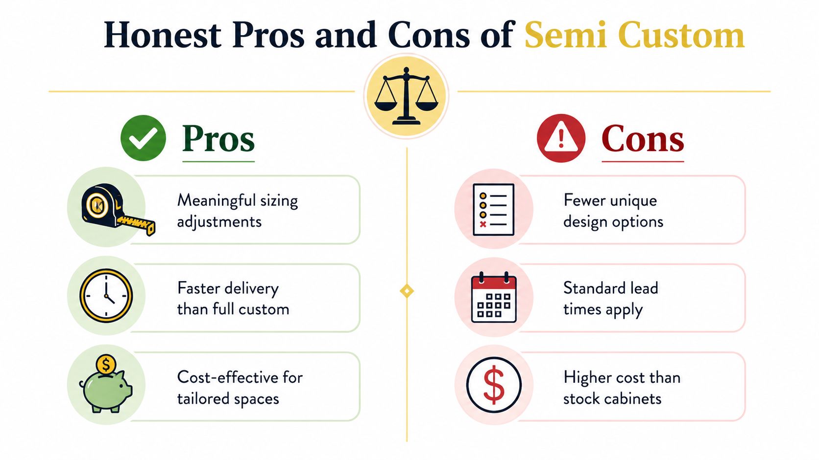 A comparison infographic showing pros and cons of semi custom cabinets with icons for each point.