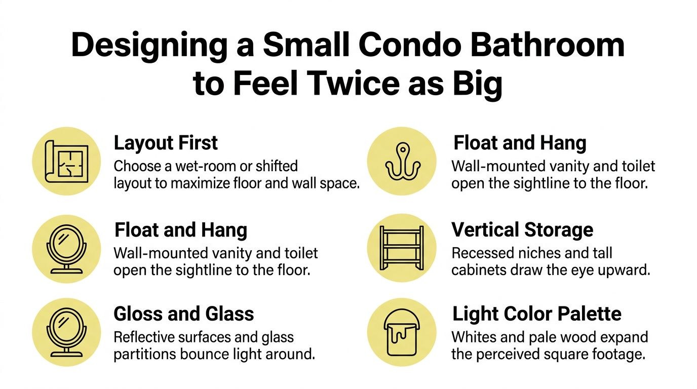 An infographic titled Designing a Small Condo Bathroom to Feel Twice as Big with design tips.
