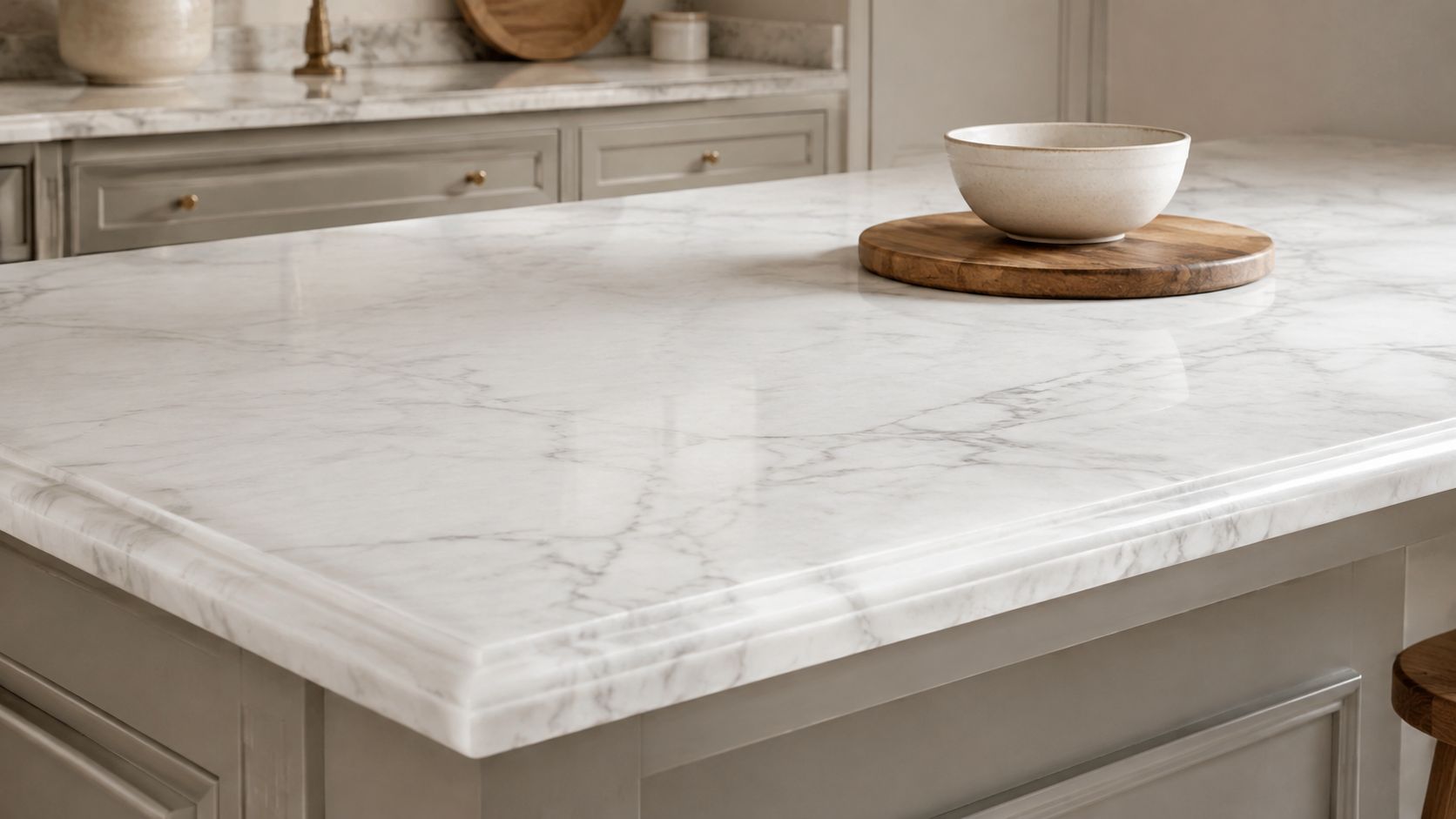 A close up view of a polished white marble kitchen island countertop with a wooden tray and bowl.