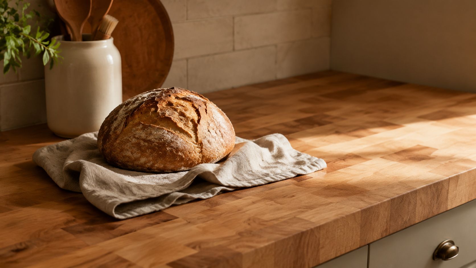 A freshly baked round loaf of sourdough bread rests on a light cloth on a wooden countertop.
